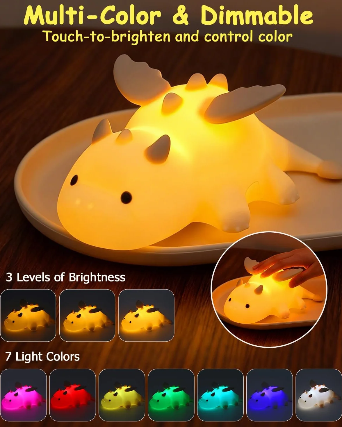 Luz Nocturna Infantil Control Táctil 3 Ajustes Regulables 7 Colores Cambiantes Recargable Lampara Bebe Noche