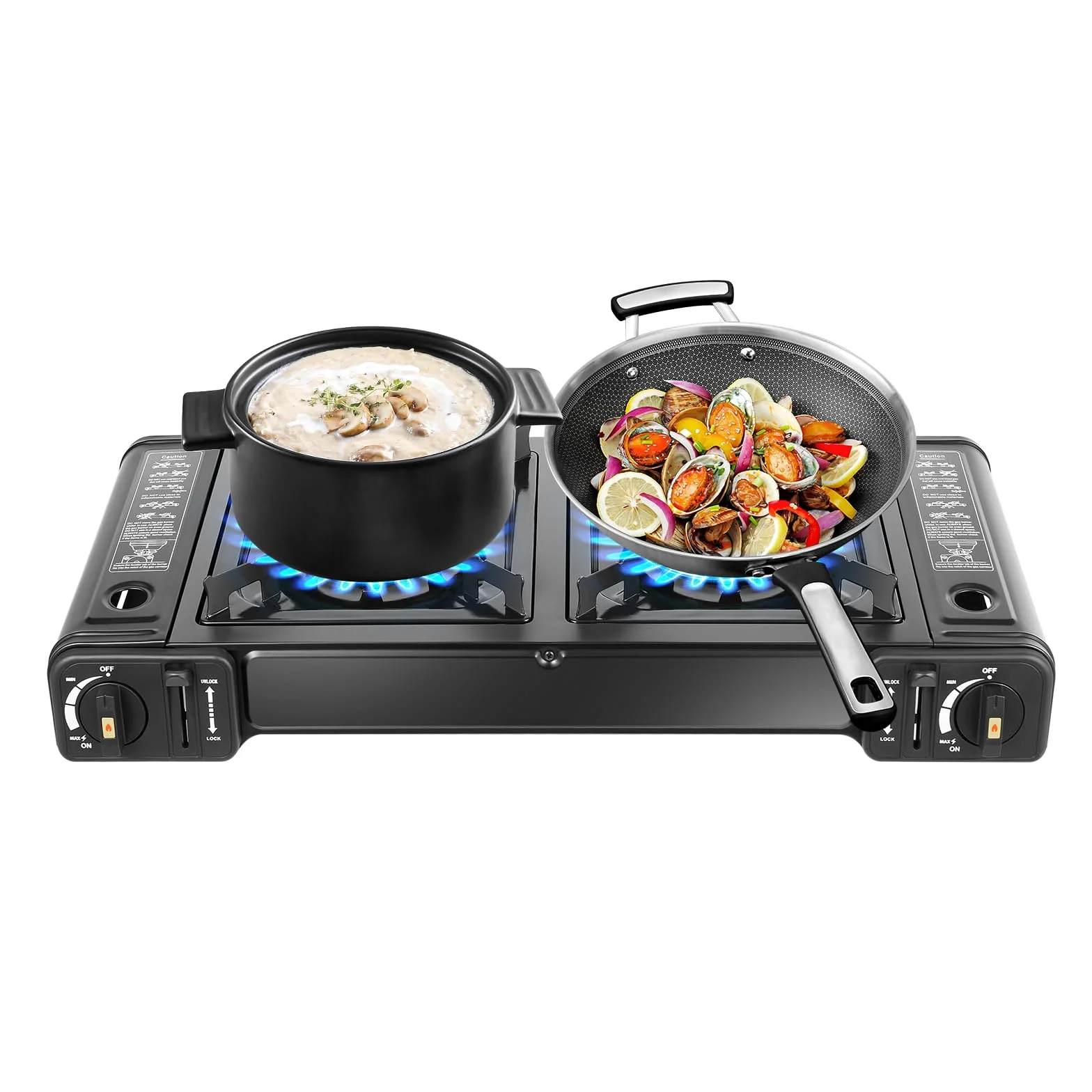 Hornillo de gas de camping de 2 quemadores de gas para botella de gas, juego de 2 quemadores de gas, portátil, para camping, barbacoa de gas con placa de barbacoa para picnic