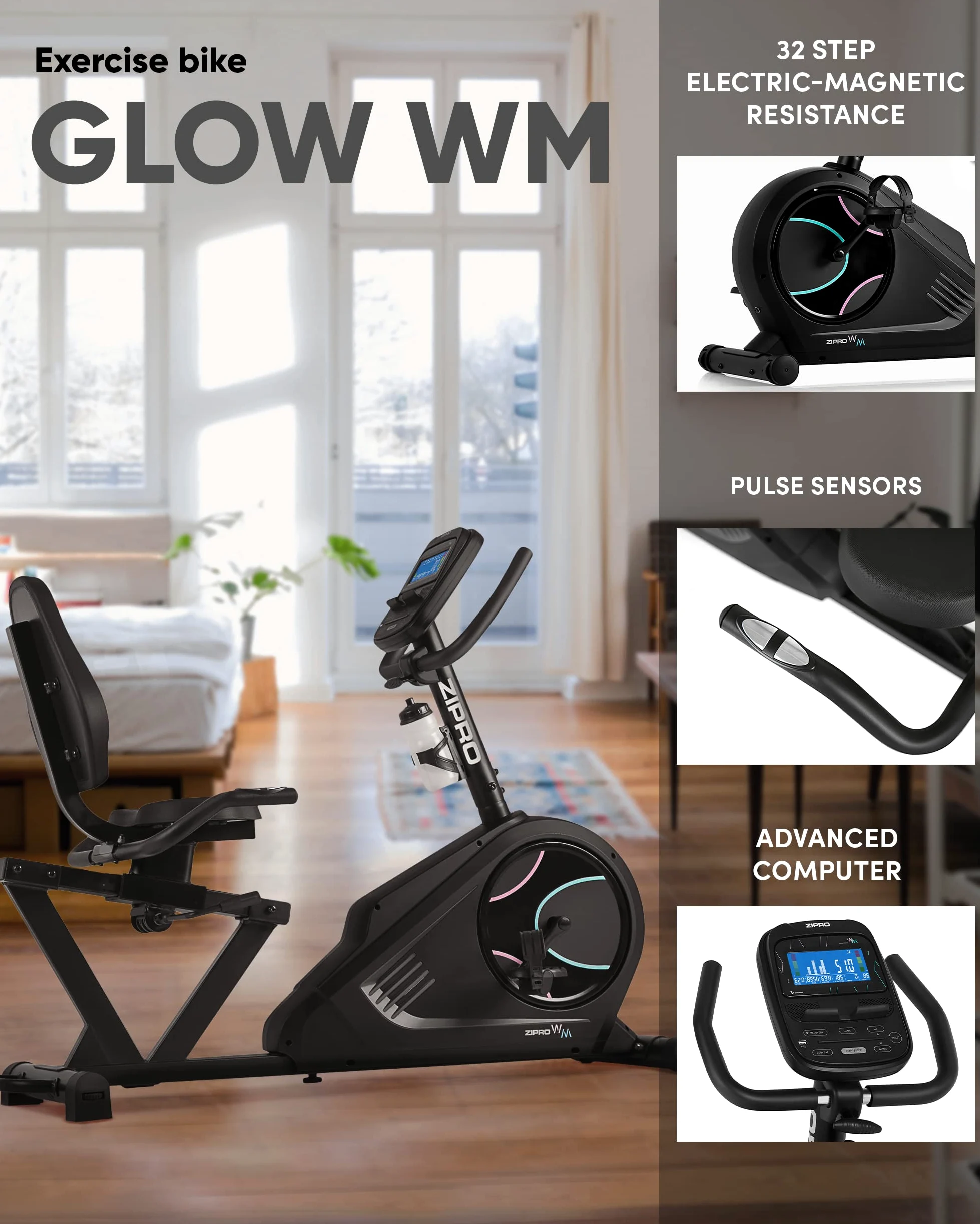 Zipro Bicicleta de entrenamiento en casa Iconsole+ Glow, Bicicletas estáticas, Bicicleta magnética de entrenamiento, Bicicleta ergométrica 150kg, Bicicleta de interior, Bicicleta de entrenamiento