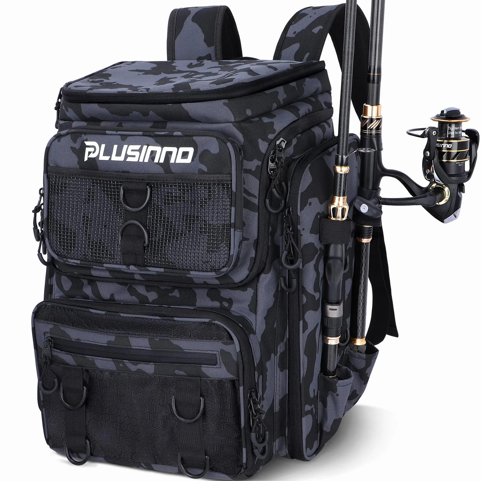 PLUSINNO Mochila para Aparejos de Pesca con Soportes para caña de Pescar, Camuflaje Negro.