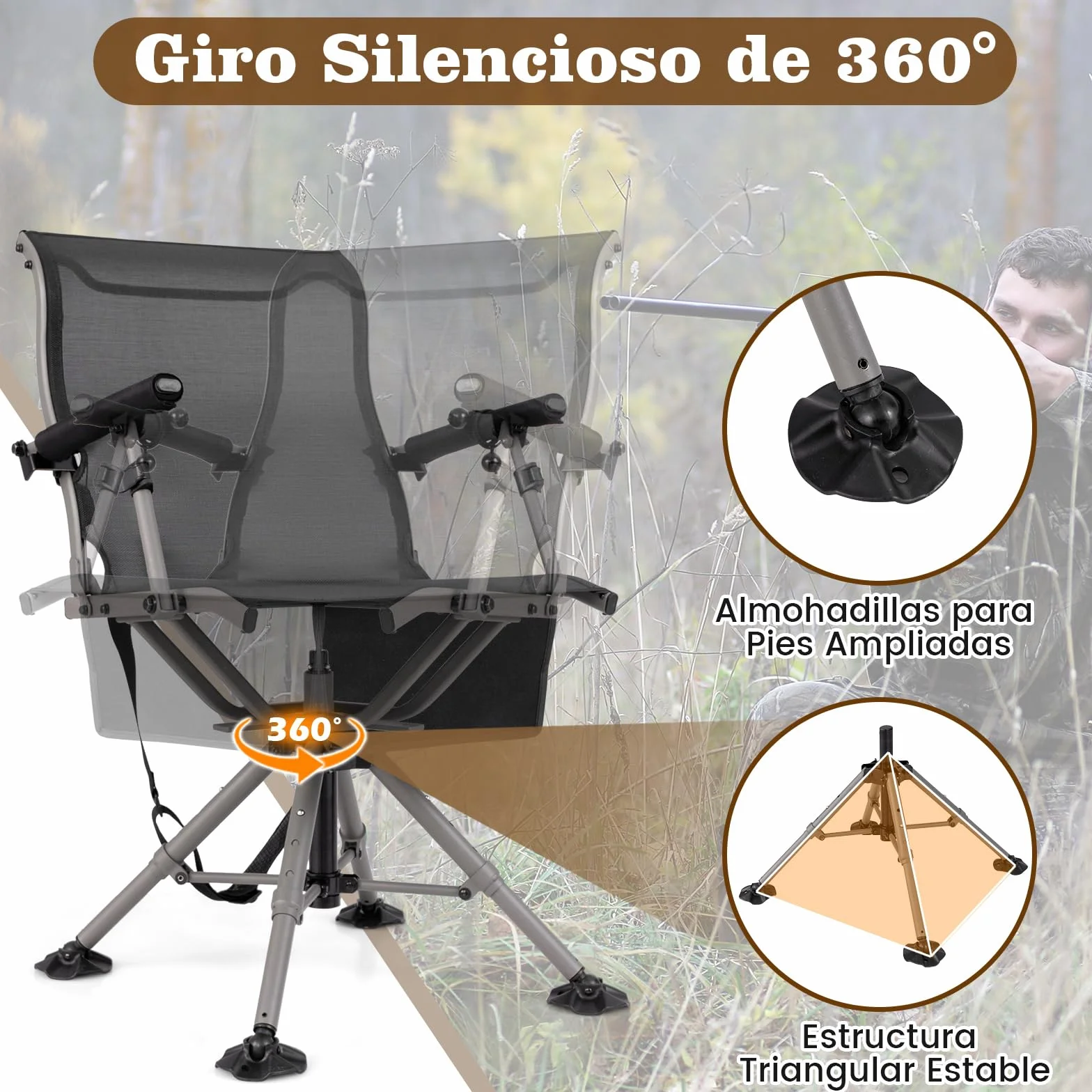 GOPLUS Silla de Caza Giratoria de 360°, Silla Portátil con Soporte de Rifle Ajustable, Reposabrazos y Altura Regulables, Sillas Ergonómica con Respaldo y Tela Transpirable para Caza, Pesca y Camping