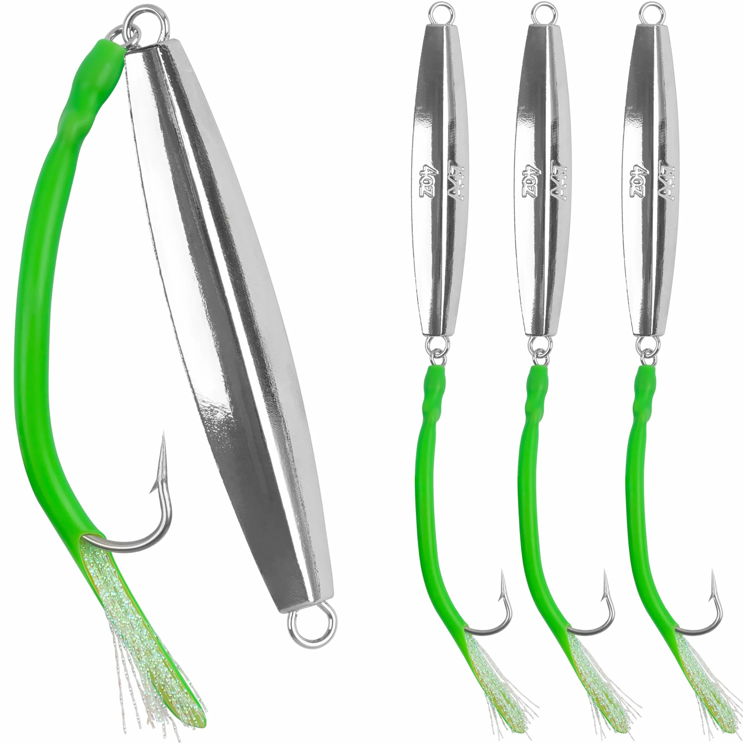 Señuelos de pesca de agua salada, 3 piezas de cebos planos de metal fundido con anzuelos en J para pesca de surf, pescado, atún, salmón, agua dulce (verde, 10 onzas, 3 piezas)