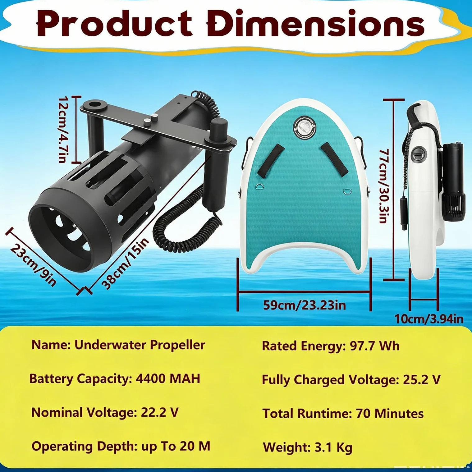 Scooter de Buceo 7000mAh 700W, Scooter Submarino para Adultos hasta 30 m de Profundidad 6,4 km/h, hélice eléctrica subacuática para Snorkel y Buceo WithPaddles