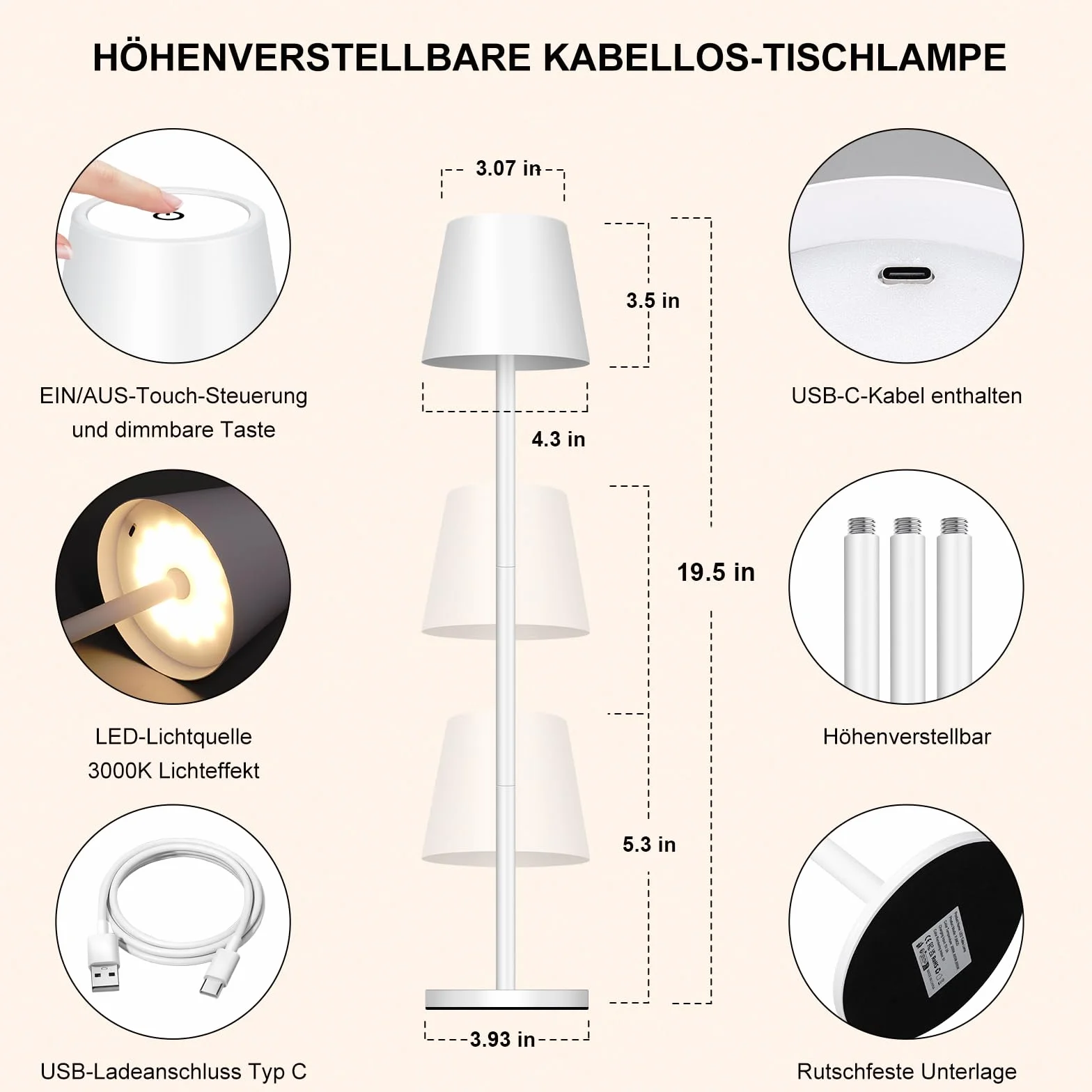 Lámparas LED de Mesa Inalámbrica con Batería 5000mAh USB-C 3 Temperaturas de Color Ajuste Táctil IP54 Resistente al Agua