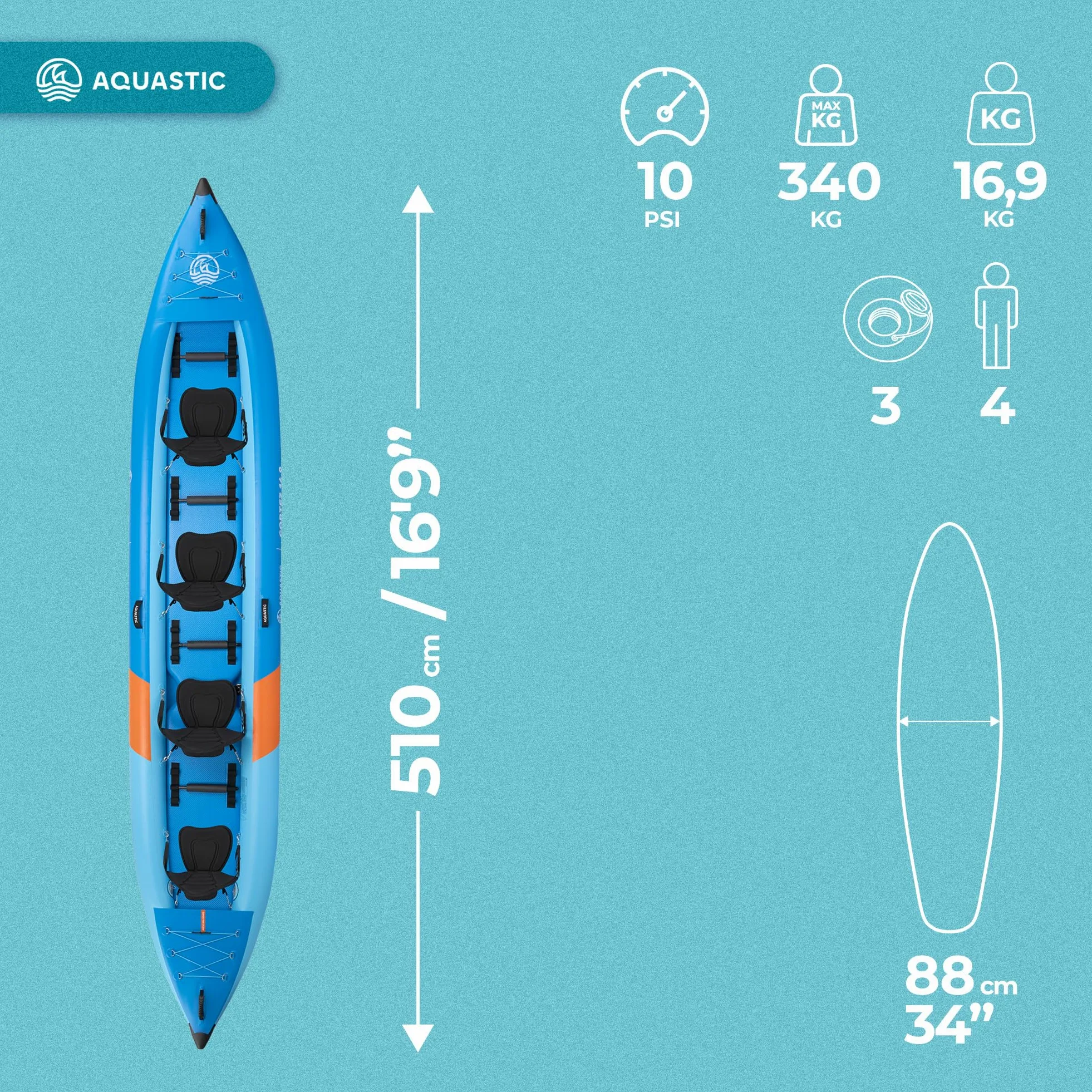 AQUASTIC Cortez 16'9 - Kayak hinchable híbrido para 4 personas de hasta 340 kg