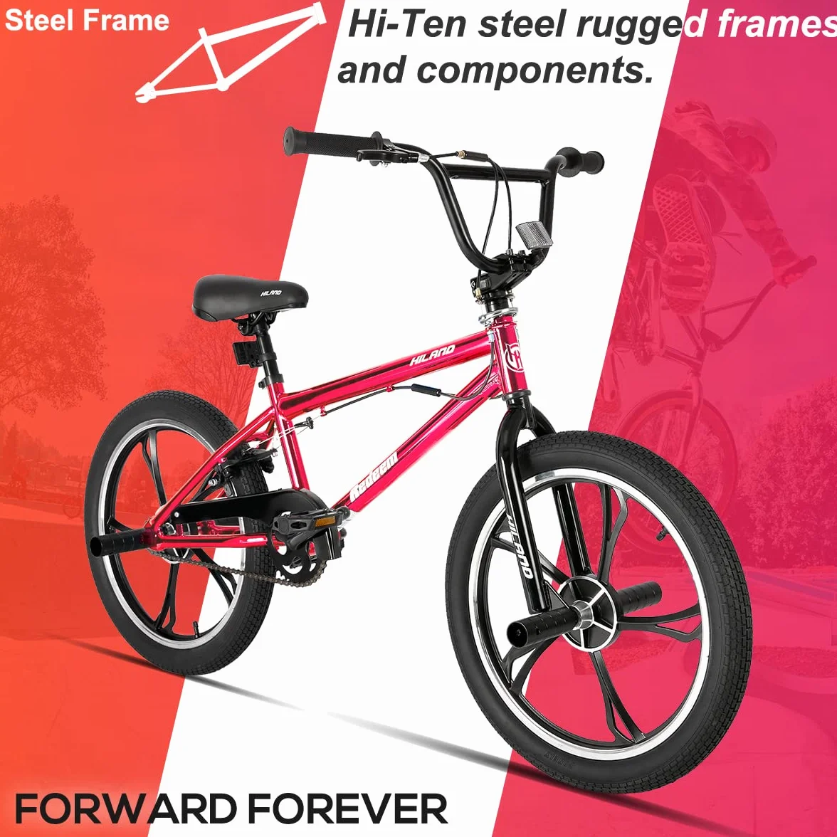 HILAND Bicicleta BMX Infantil de 20 Pulgadas, 5 radios,con Giro de 360 ​​Grados y 4 pegs，para niños y niñas a Partir de 7 años,para Principiantes y avanzados - Rojo