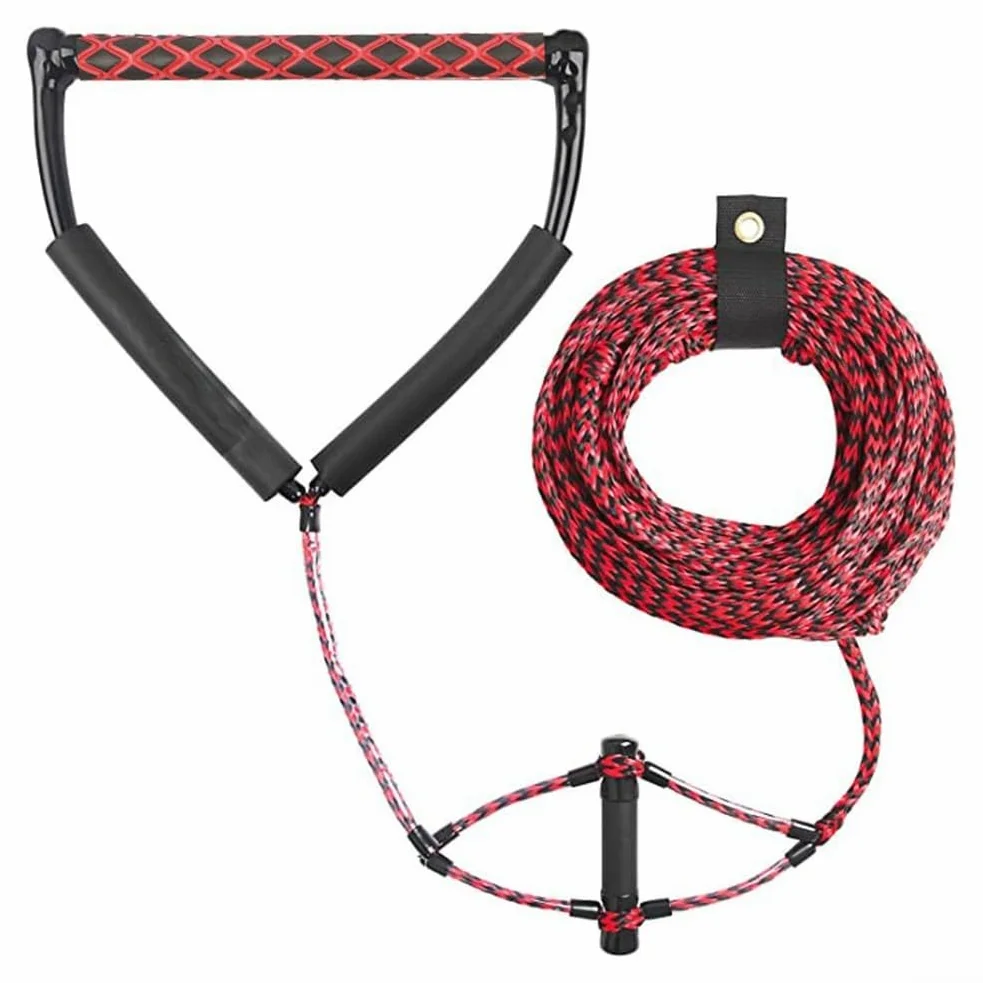 Cuerda de remolque para deportes acuáticos de 75 pies con mango de EVA, línea de wakeboard ajustable para rodillas, esquí acuático, tubo, rafting, diseño flotante, color rojo y negro