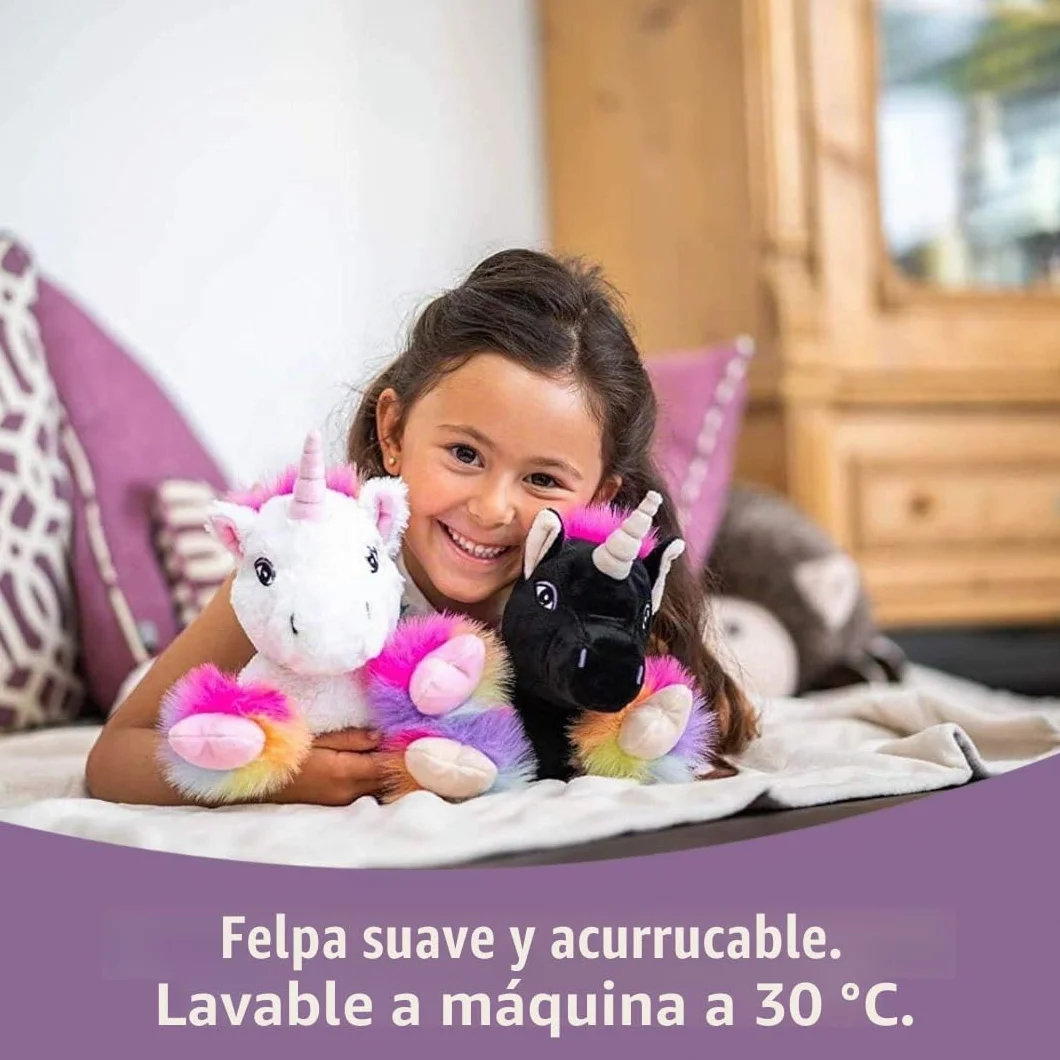 Cojín térmico prémium Unicornio Black Rainbow 1848 - Peluche térmico para microondas y horno - Relleno de mijo extraíble para niños y adultos