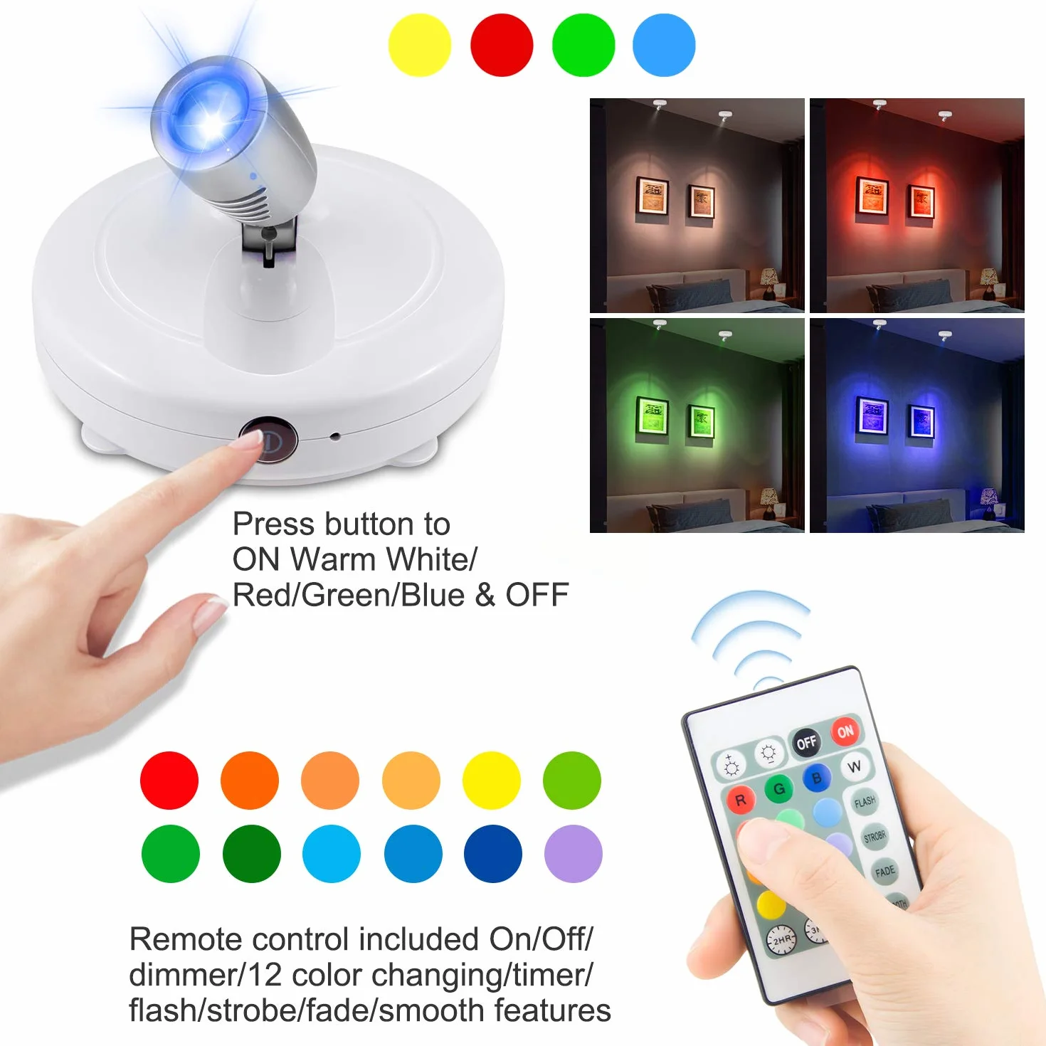 HONWELL Foco LED inalámbrico 12 colores con control remoto, luz de acento ajustable para pared
