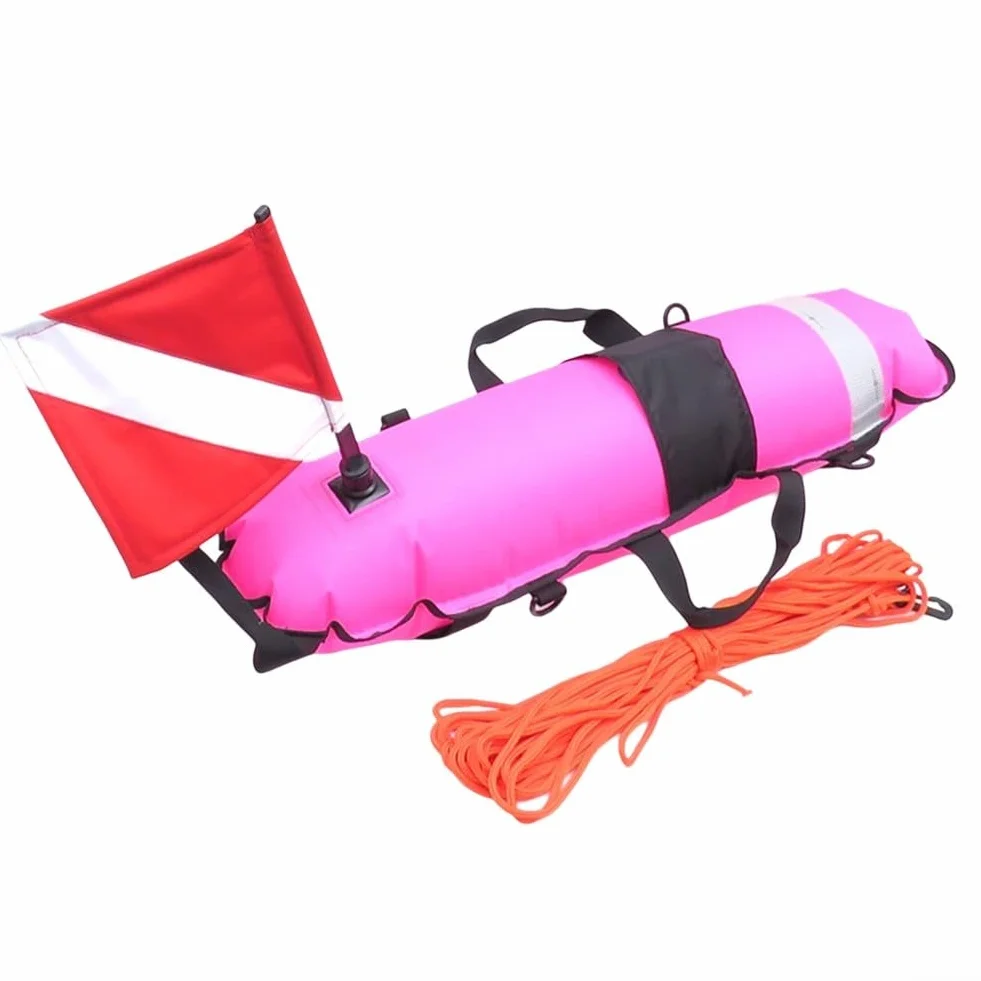 Boya flotante de pesca submarina con bandera de buceo y cuerda de 25 m para esnórquel de buceo, 83 x 25 x 25 cm, boya inflable de nailon 210D, amarillo, rojo o rosa (rojo)