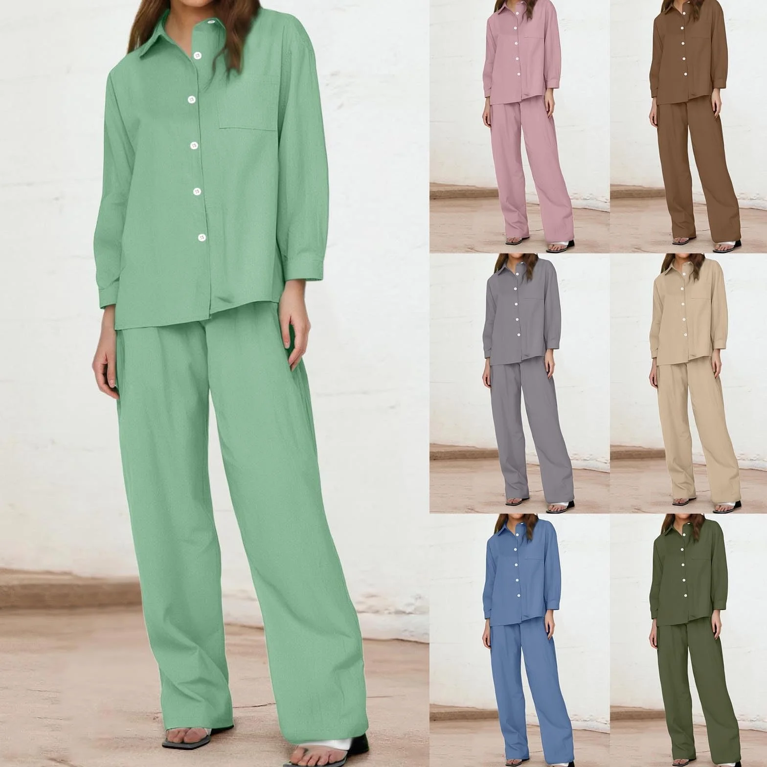 Traje de lino para mujer de dos piezas, pantalón manga larga, transpirable, elástico, pijama de casa ligero