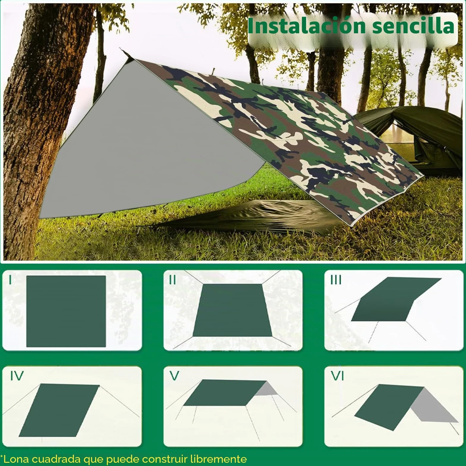 Toldo de Refugio Camping 3x3M, Toldo Camping Impermeable,Tienda de Campaña Tarp con 6 Cuerdas,6 Clavos de Tierra,2 Bolsa de Guarda,Lona Protectora Anti-UV para Vivac, Picnic, Playa, Hamaca