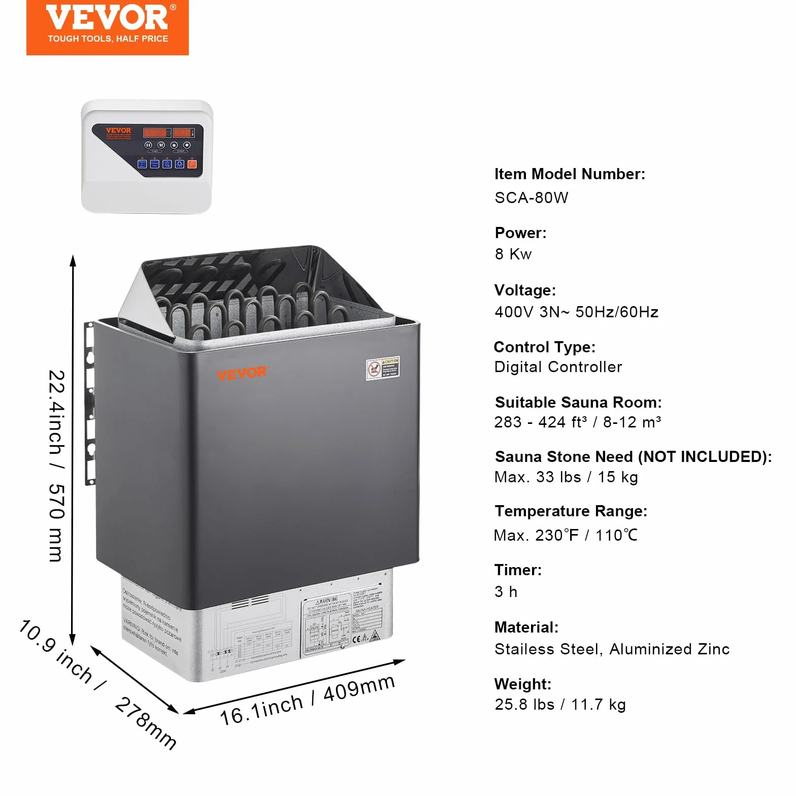 VEVOR Calentador de Sauna Eléctrico Portátil 8kW 400V 3N Controlador Digital 110°C para Sauna 8-12 m³