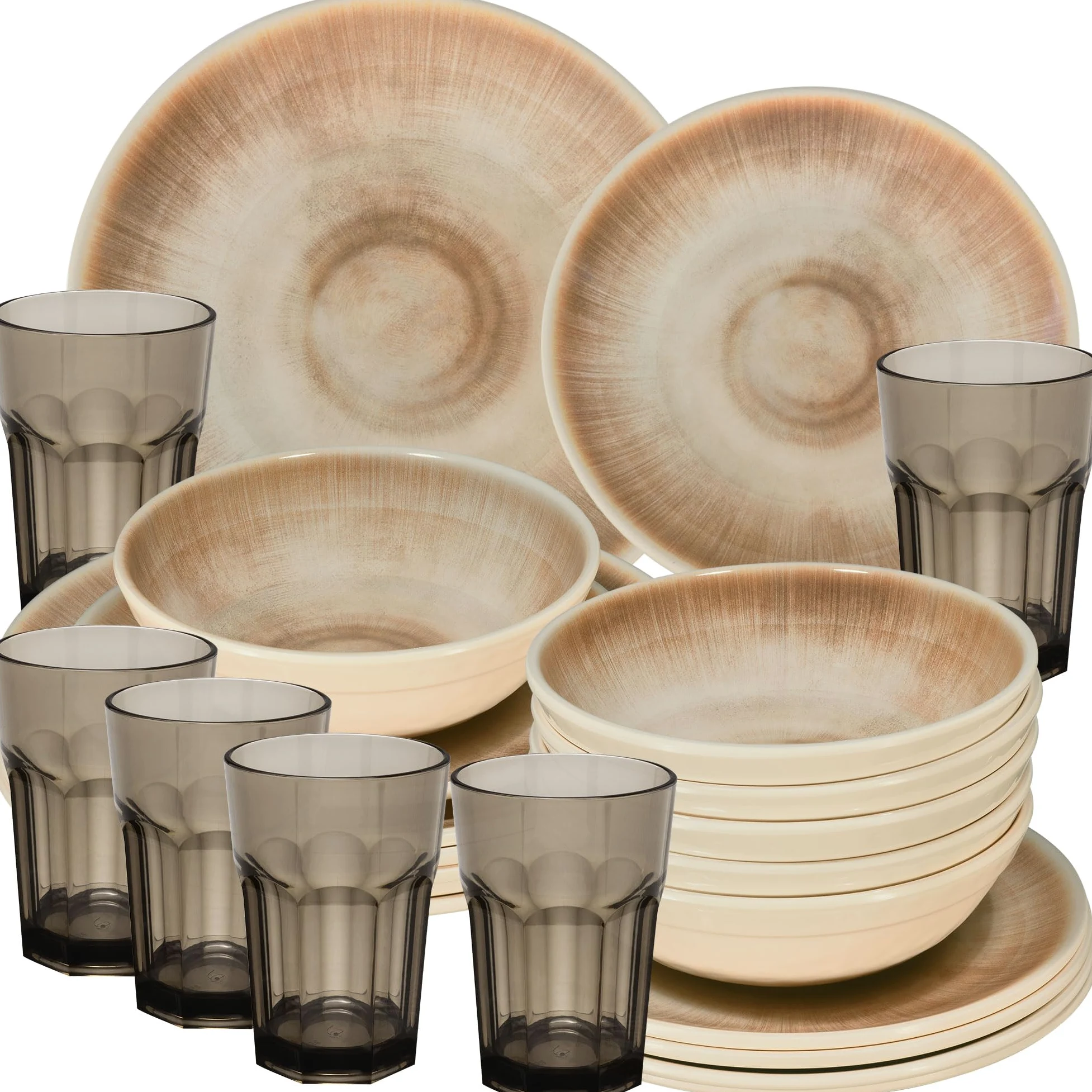 Jesolo Sand - Vajilla de melamina para 6 personas, 8 piezas, vaso de 400 ml, color marrón