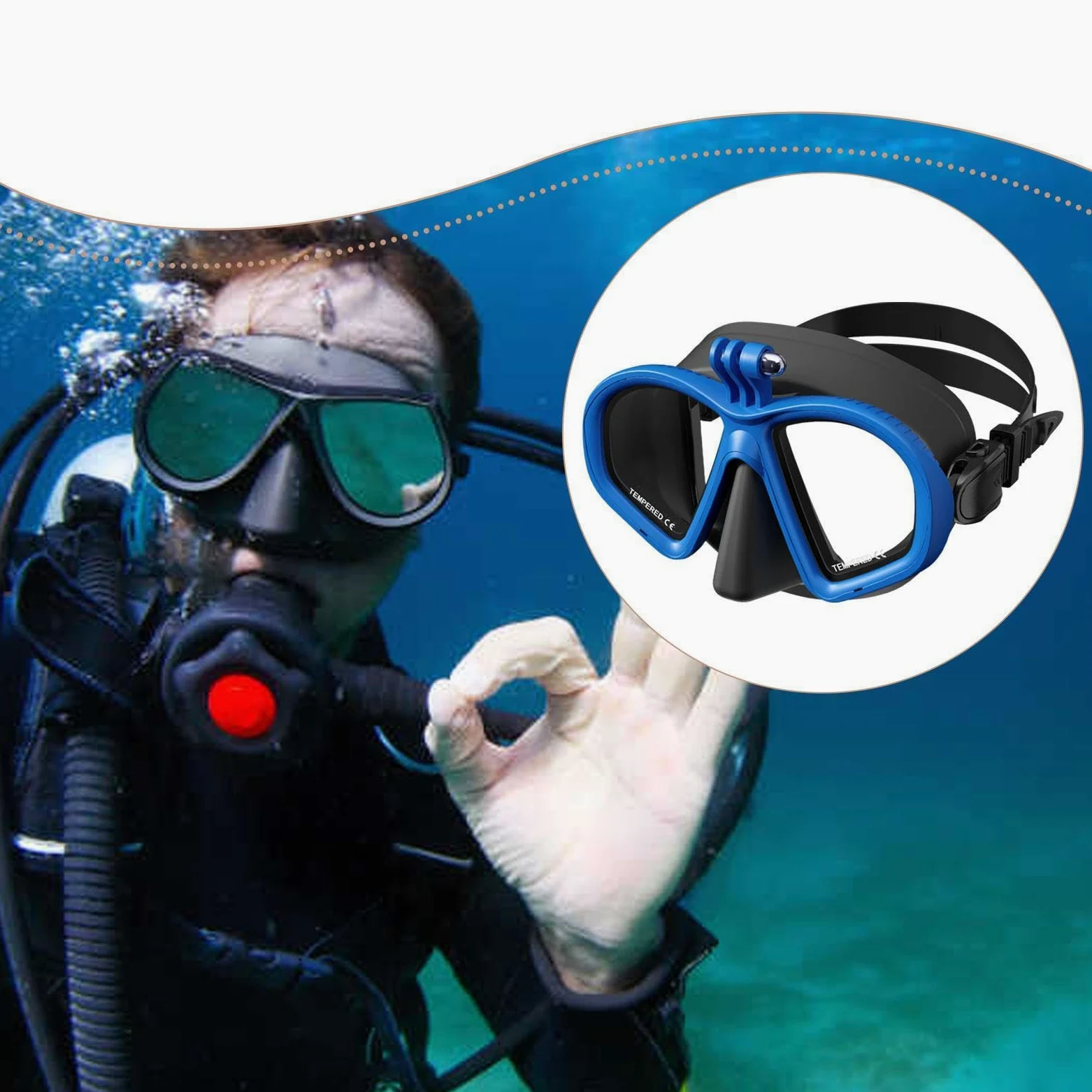 Máscara de Buceo, Máscara de Snorkel, Gafas, Equipo de Natación, Fabricado en Vidrio Templado con Soporte para Cámara Incorporado.