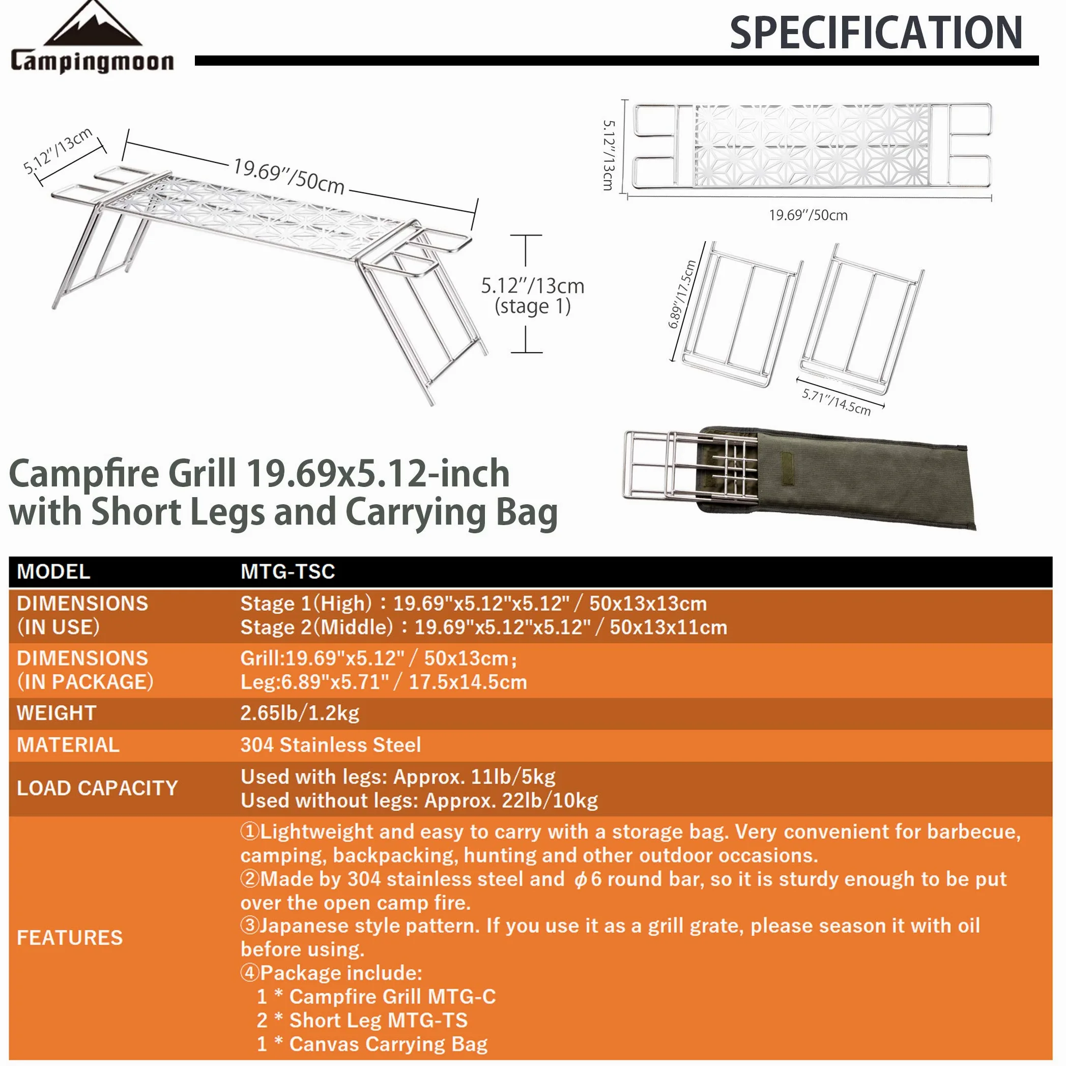 camping moon Parrilla para fogatas Takibi de acero inoxidable 304, 50 x 13 cm, con patas cortas extraíbles y bolsa de transporte MTG-TSC