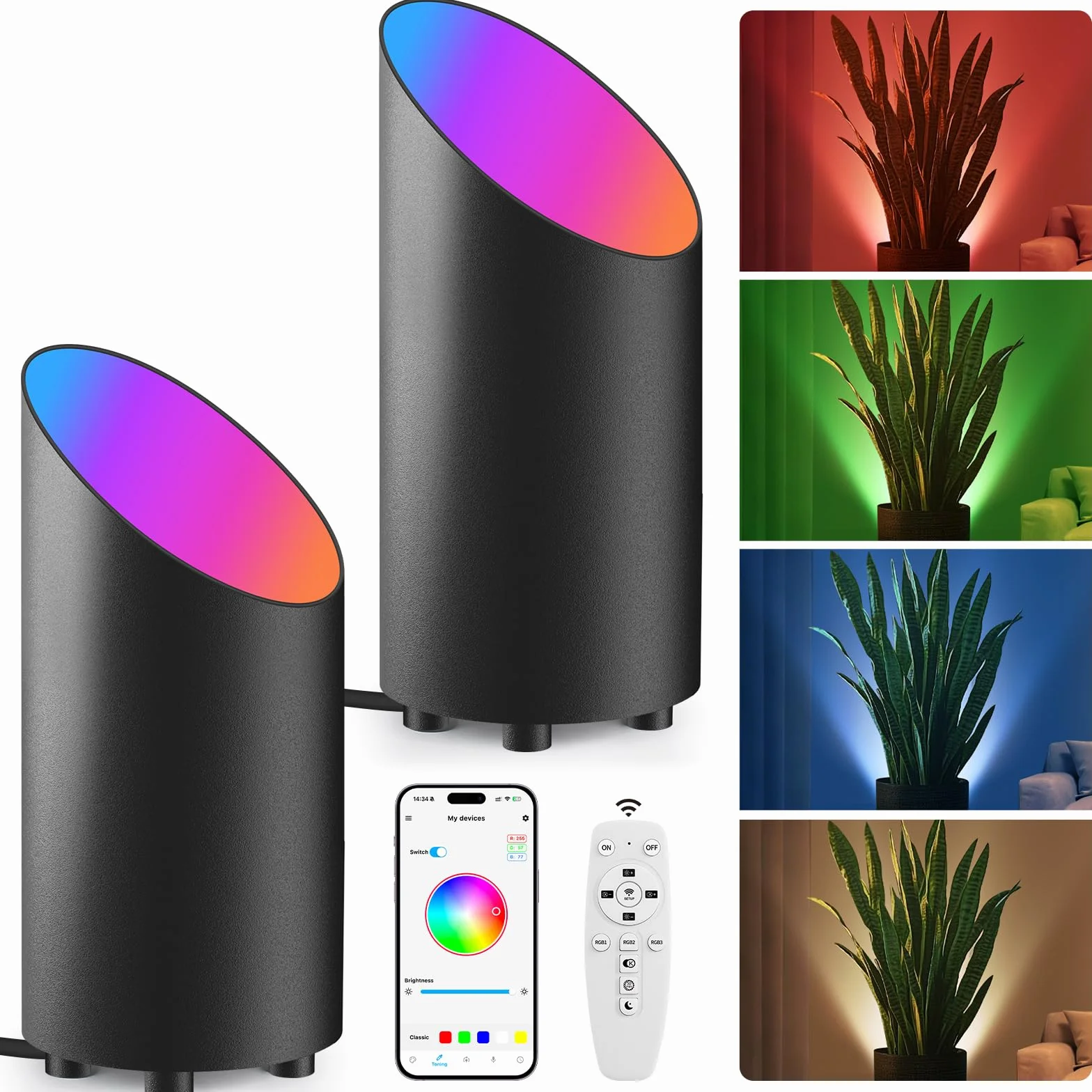 GeyouLux 5W RGBW LED Uplight Spot Regulable, Lampara Pie LED para Salon con Mando a Distancia, Control por App, Temporizador, Modo Musica, Negro 2 Piezas