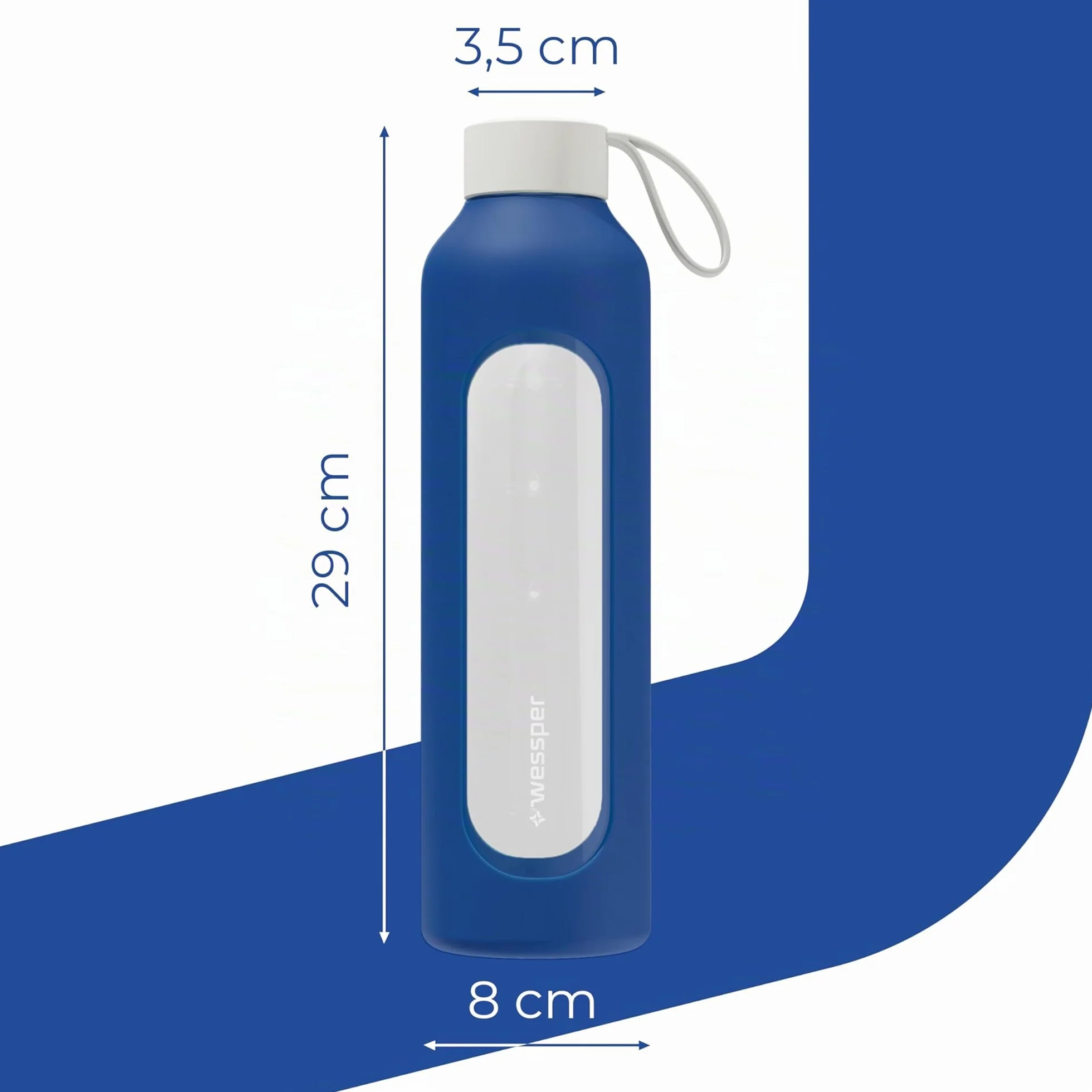 Wessper Botella de Agua Cristal, Botella 1 Litro Motivadora con Escala de Hidratación, Botellas de Vidrio Borosilicato con Funda de Silicona, Material Seguro sin BPA - Azul
