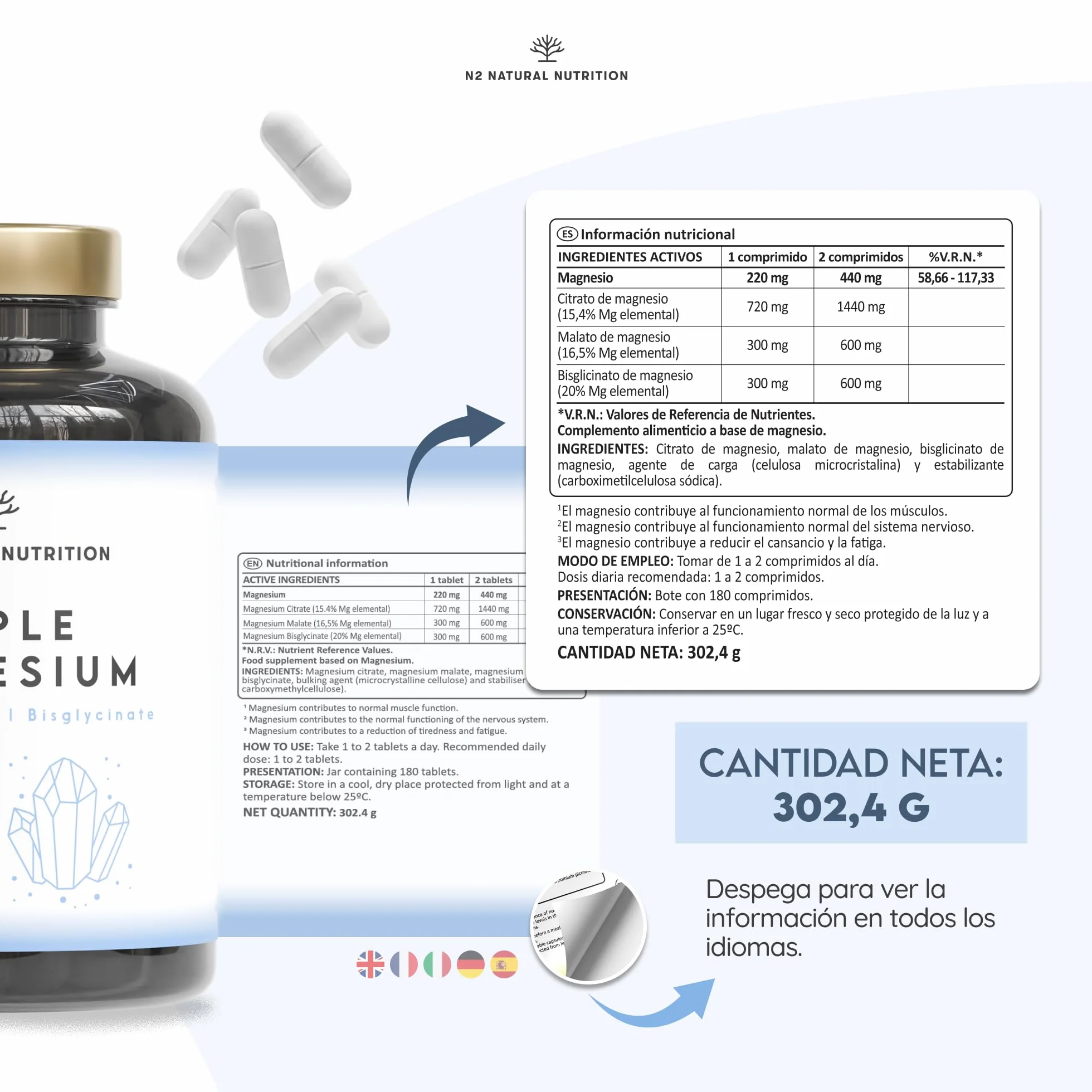 Citrato de Magnesio 1440mg + Magnesio Bisglicinato 600mg + Malato 600mg 440mg Elemental Alta Biodisponibilidad 3 meses