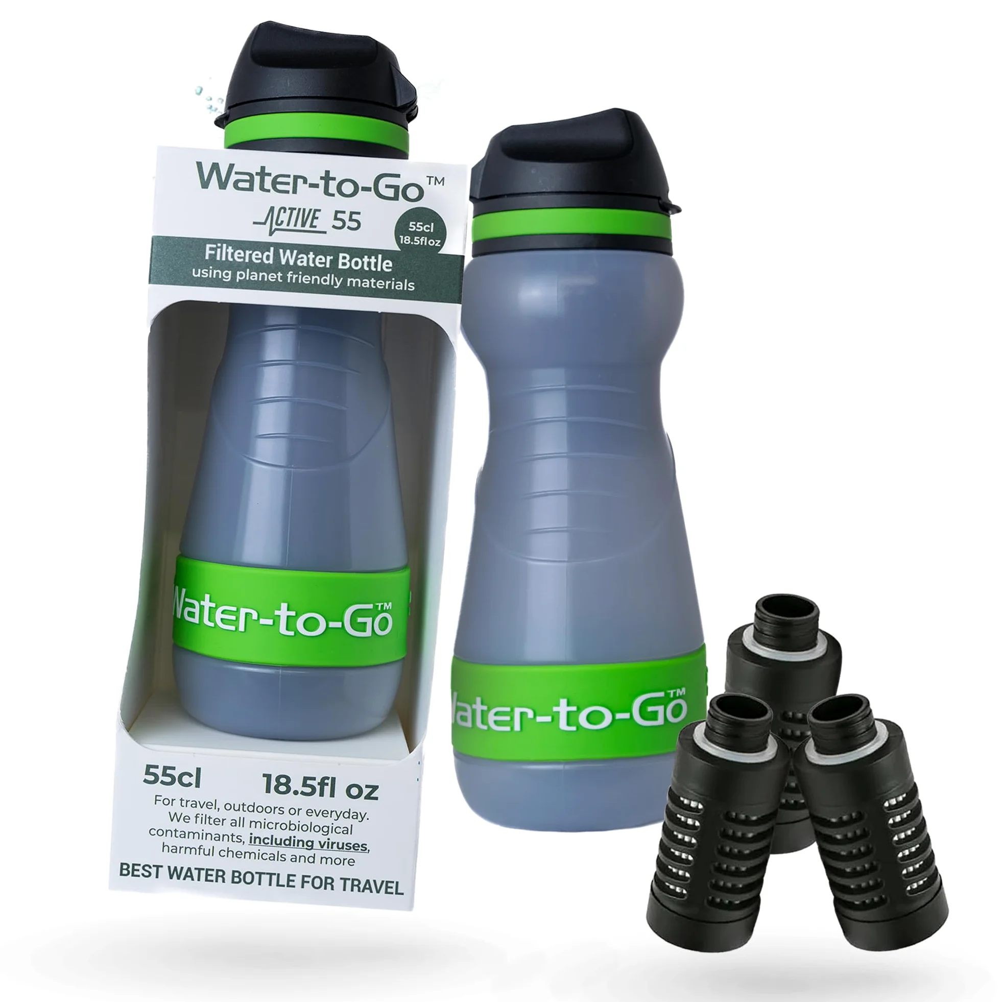 Botella de agua filtrada pequeña (55 cl) con tres filtros, botella de agua de nanofiltración con filtro para viajes, bioplástico sin BPA, color verde
