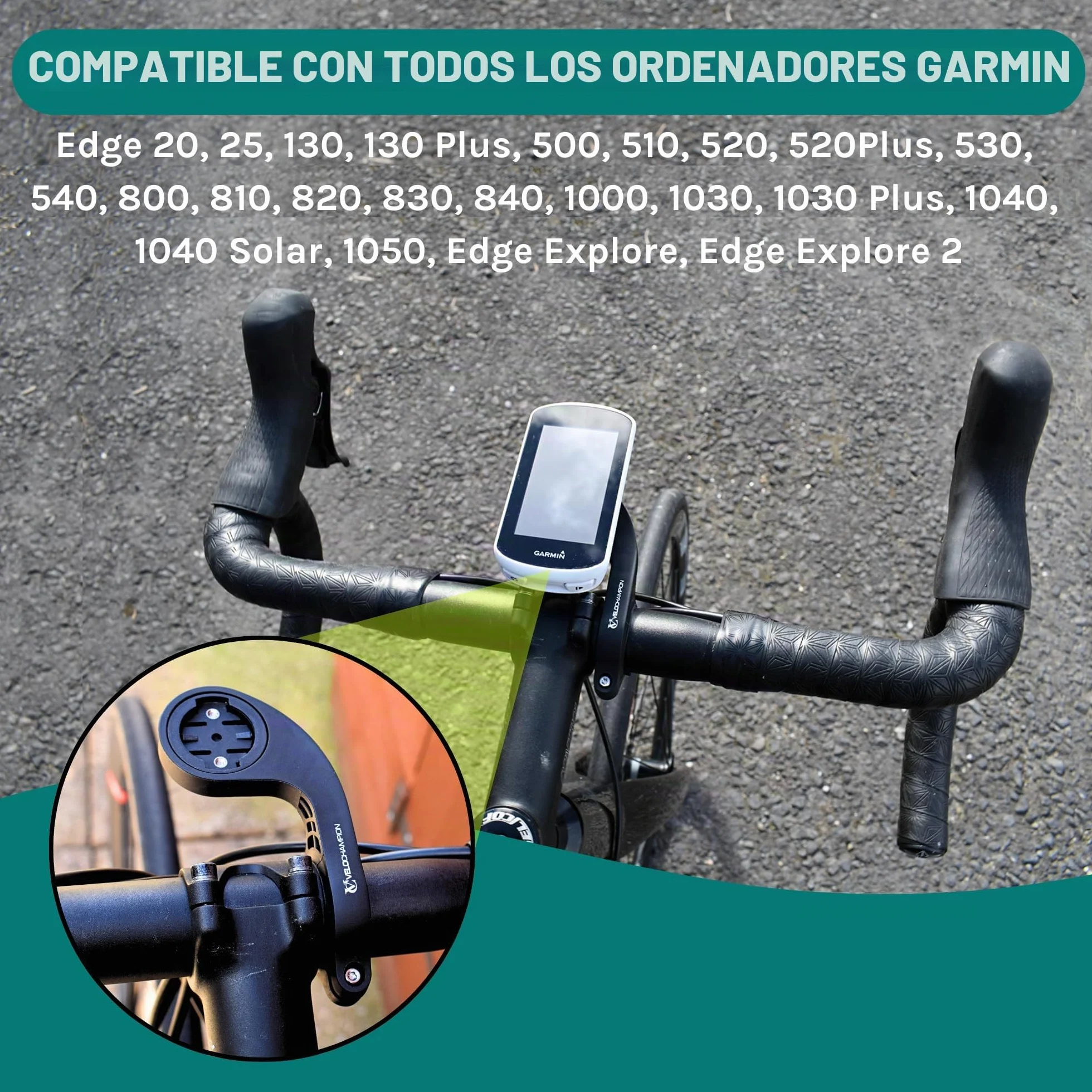 VeloChampion Soporte de Manillar Frontal Compatible con Ciclocomputadores GPS Garmin o Wahoo. Apto para Manillares con Diámetros de 25,4 a 35 mm