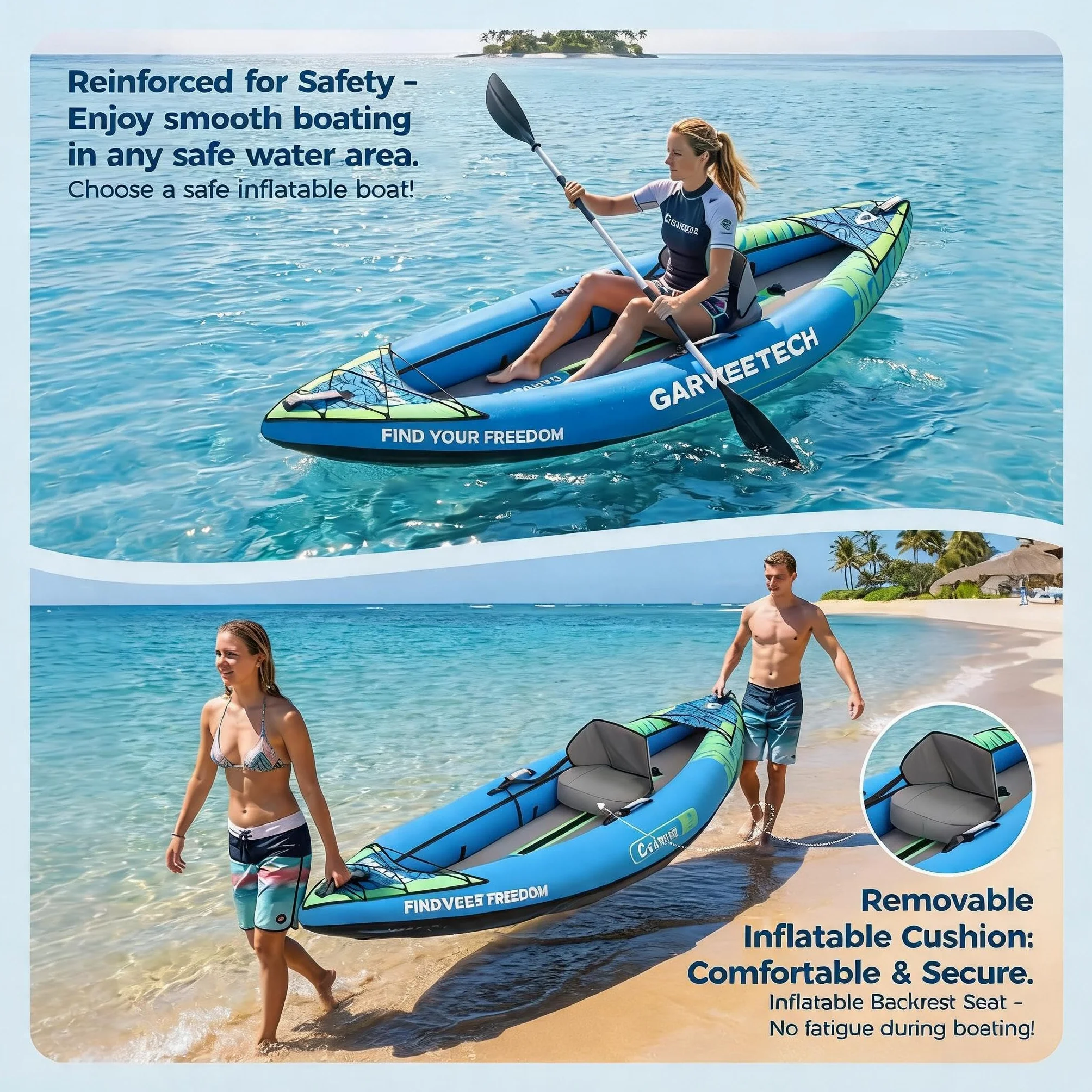 GarveeTech Kayak Inflable 1 Plaza, 900D Antipinchazos, 300x93x40 cm | Kayak inflable 1 plaza, 900D resistente a pinchazos, para lago y río, 300 x 93 x 40 cm