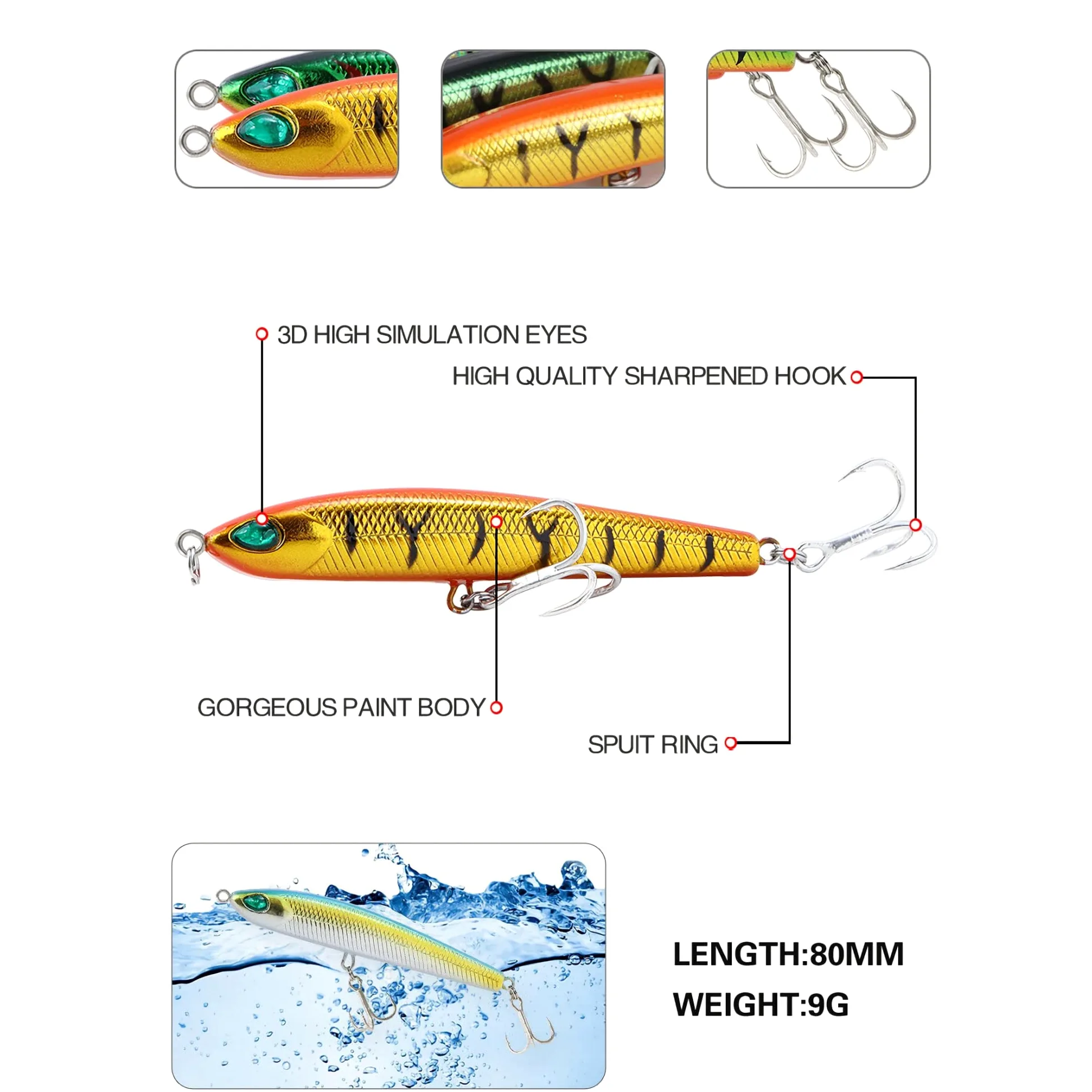 Señuelos de Pesca Blandos, 10 Uds Señuelos de Pesca 8cm 9g señuelo de lápiz biónico Que se Hunde Cebo Duro Artificial Agua Dulce señuelo de Pesca de Agua Salada Wobbler Simple y práctico