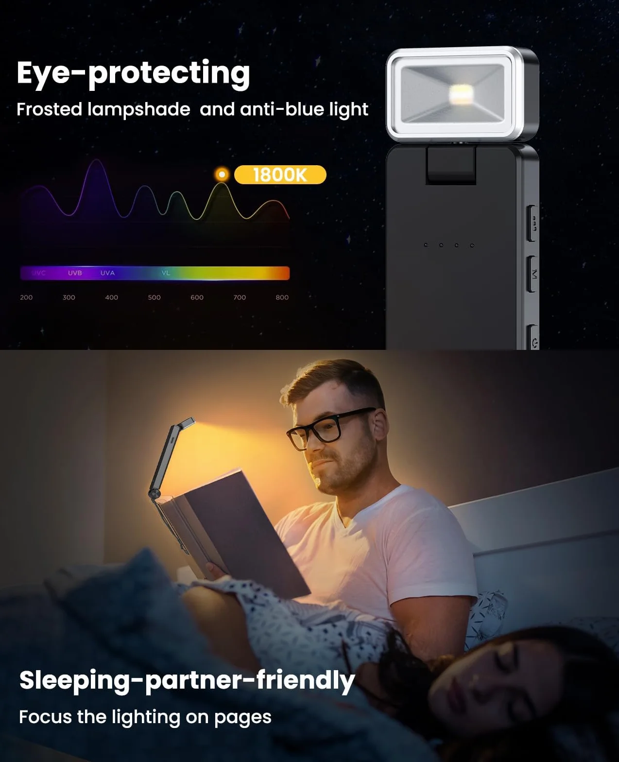 Lámpara de Lectura LED USB Recargable con Pinzas, 3 Colores y 3 Brillos Ajustables, Luz Anti-Azul