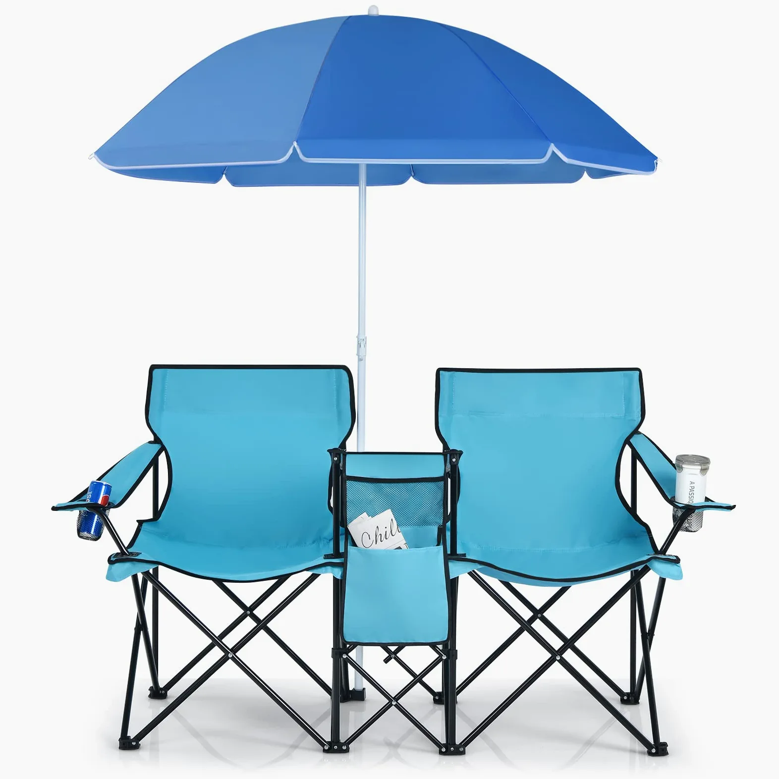 COSTWAY 2 Sillas de Camping con Sombrilla, Sillas Playas Plegables Doble, Portavasos, Bolsa Nevera, Bolsilla Lateral, Bolsa de Transporte, Exterior Picnic Senderismo Barbacoa, 160x56x178cm (Verde)