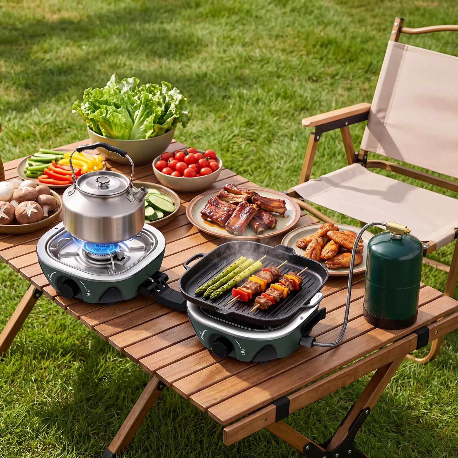 Anbte Hornillo de Camping de 2 Fuegos,2x3 kW, Cocina Portátil de Gas | Quemadores Ajustables, Plegable y Ligero, para Acampadas, Cocina al Aire Libre y Situaciones de Emergencia