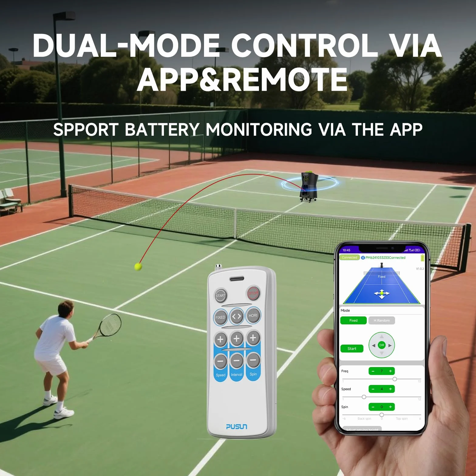 PUSUN Máquina lanzadora de pelotas de tenis niños principiantes capacidad 65 pelotas doble control aplicación control remoto batería 3-5 horas