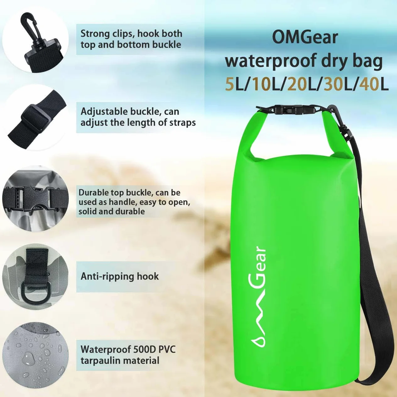 OMGear - Mochila Impermeable con Bolsa Seca para teléfono, 40 L/30 L/20 L/10 L/5 L, Bolsa Seca Flotante para Kayak, navegación y Actividades al Aire Libre