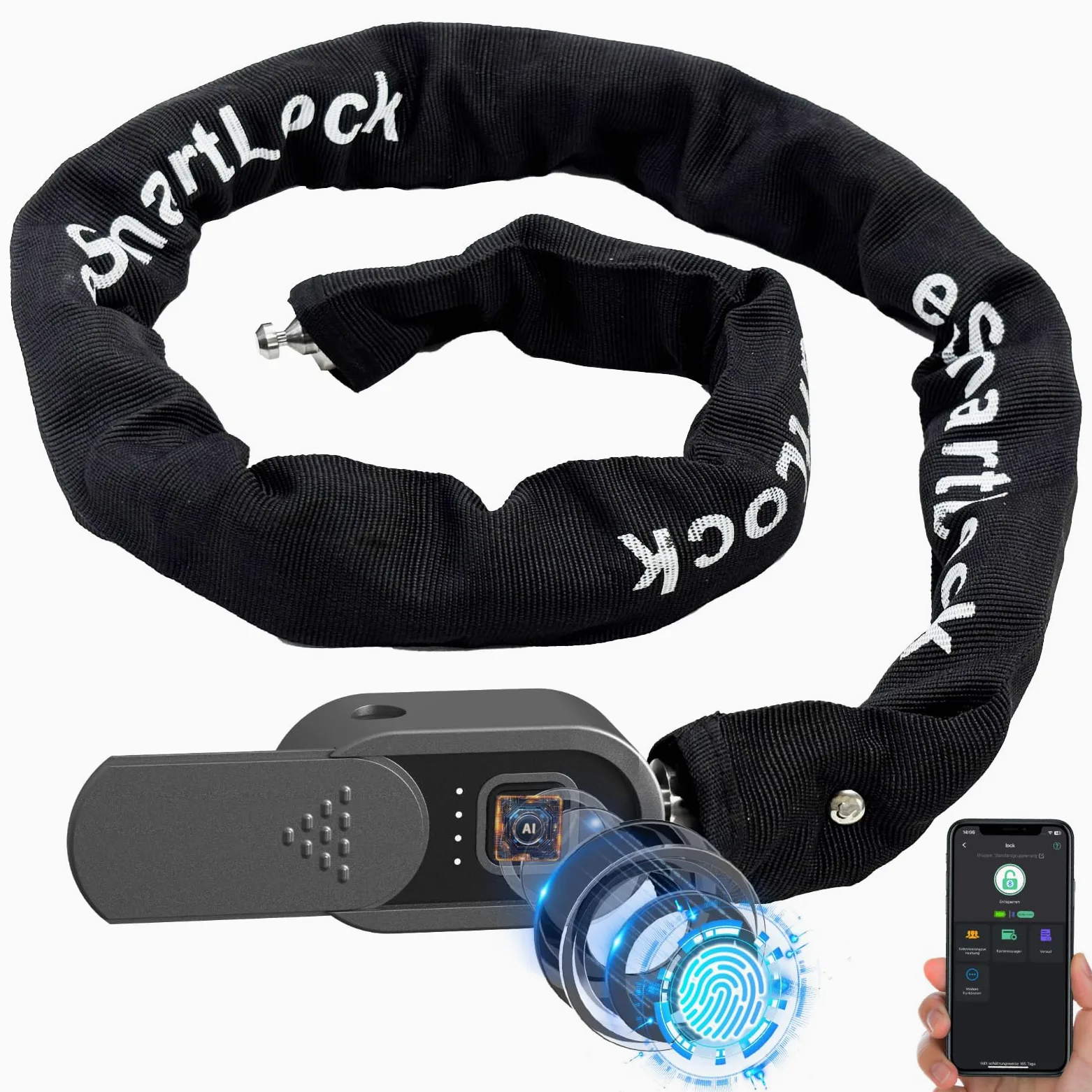 Anweller Candado para bicicleta con huella dactilar con llave, 100 cm, 8 mm de grosor, alta seguridad, resistente al agua para bicicleta/e-scooter/bicicleta eléctrica/MTB/motocicleta/bicicleta de