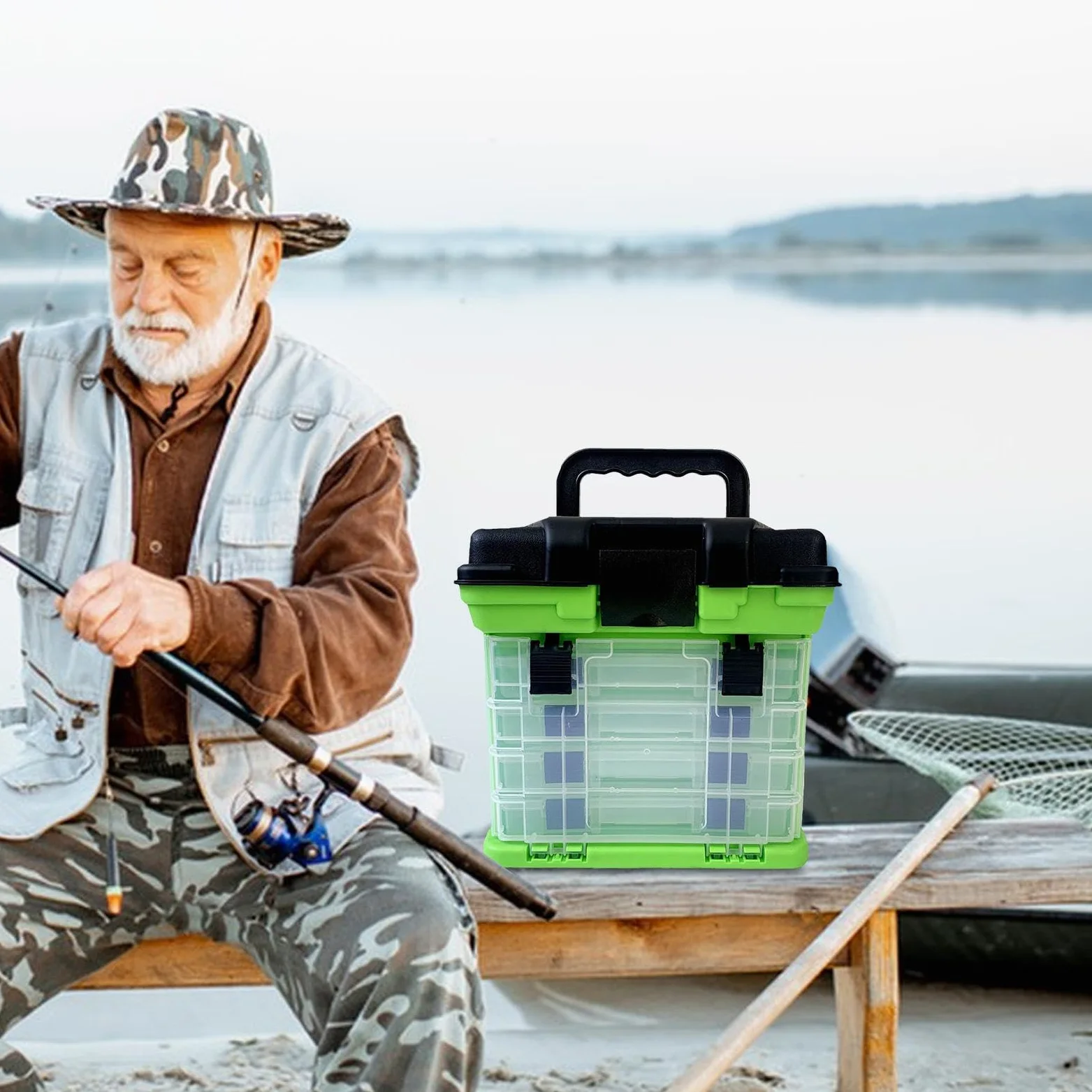 Caja de aparejos de pesca, almacenamiento de señuelos de 4 capas, organizador portátil de cebo y anzuelo, accesorios de pesca versátiles para mar y agua dulce, 28 x 17,50 x 27 cm