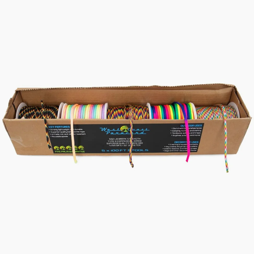 West Coast Paracord Suministros variados de paracaídas de 550 libras – Juego de cajas de paracaídas tipo III – Carretes de 100 pies de 5 colores – 10 opciones de color