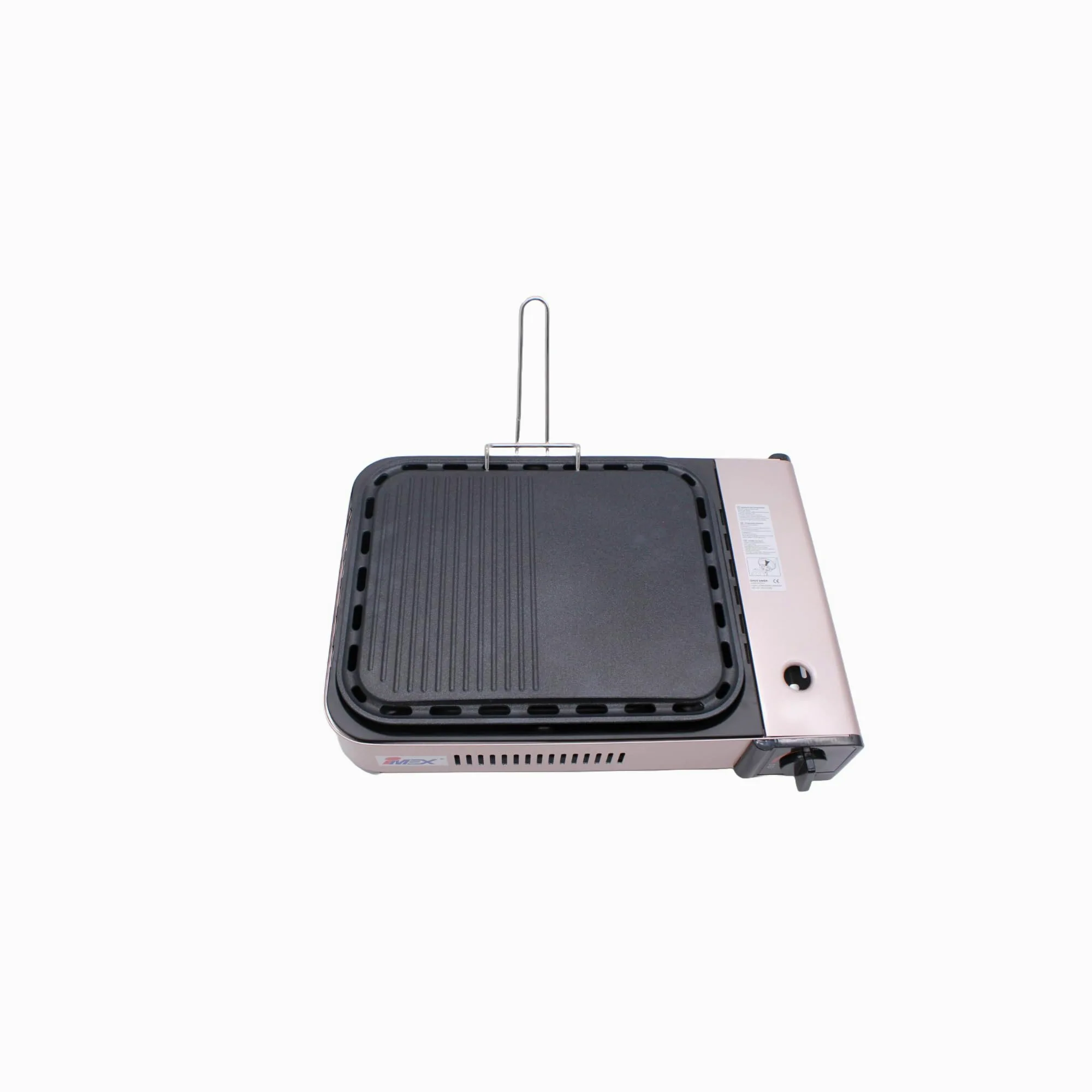 IMEX Hornillo de gas 2 en 1 y parrilla de gas, incluye parrilla, sartén, tapa de cristal y maletín, hornillo de camping para interior y exterior, hornillo de gas de camping múltiple