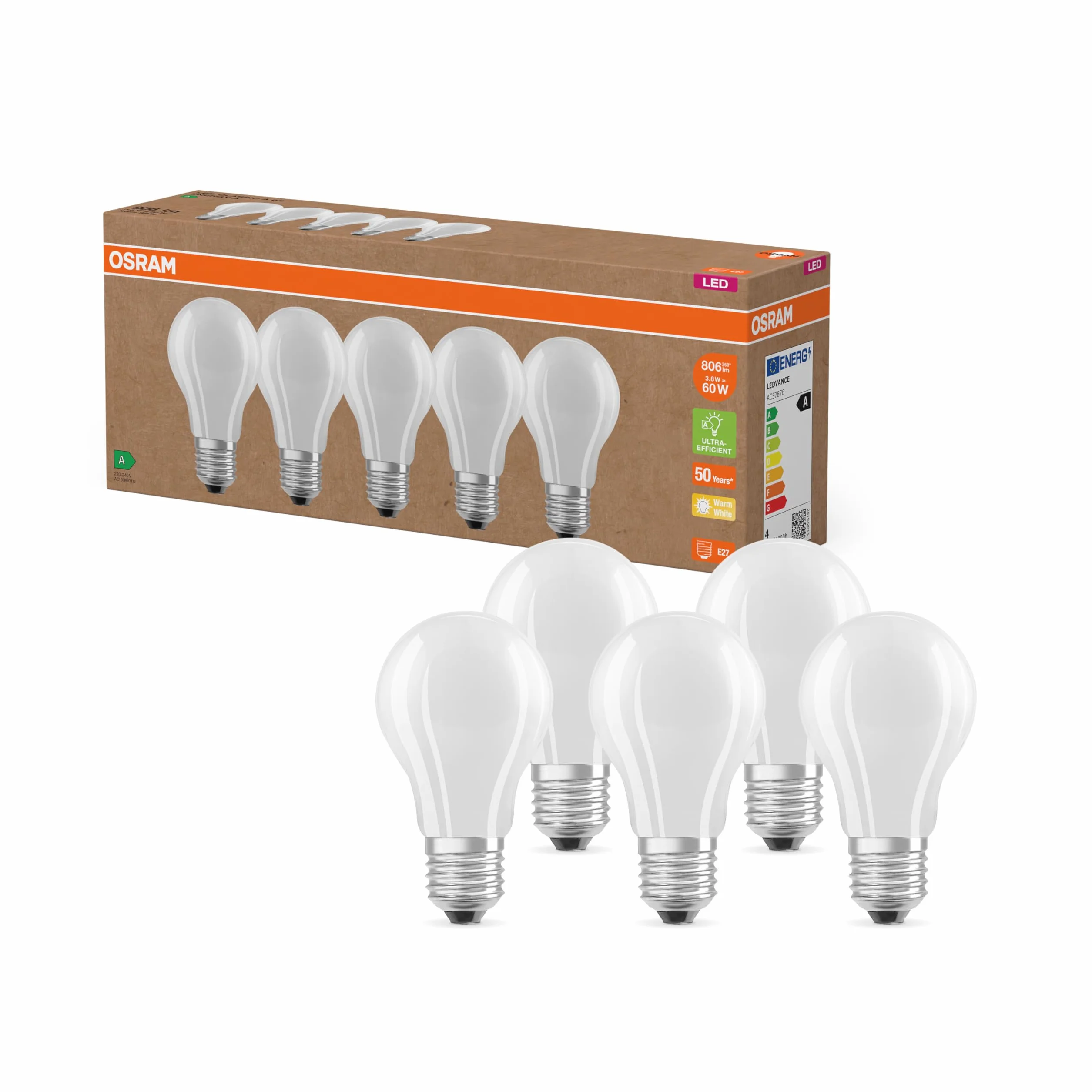 OSRAM Bombillas LED E27 5 Paquete 60W Reemplazo 2700K Blanco Cálido Vidrio Mate