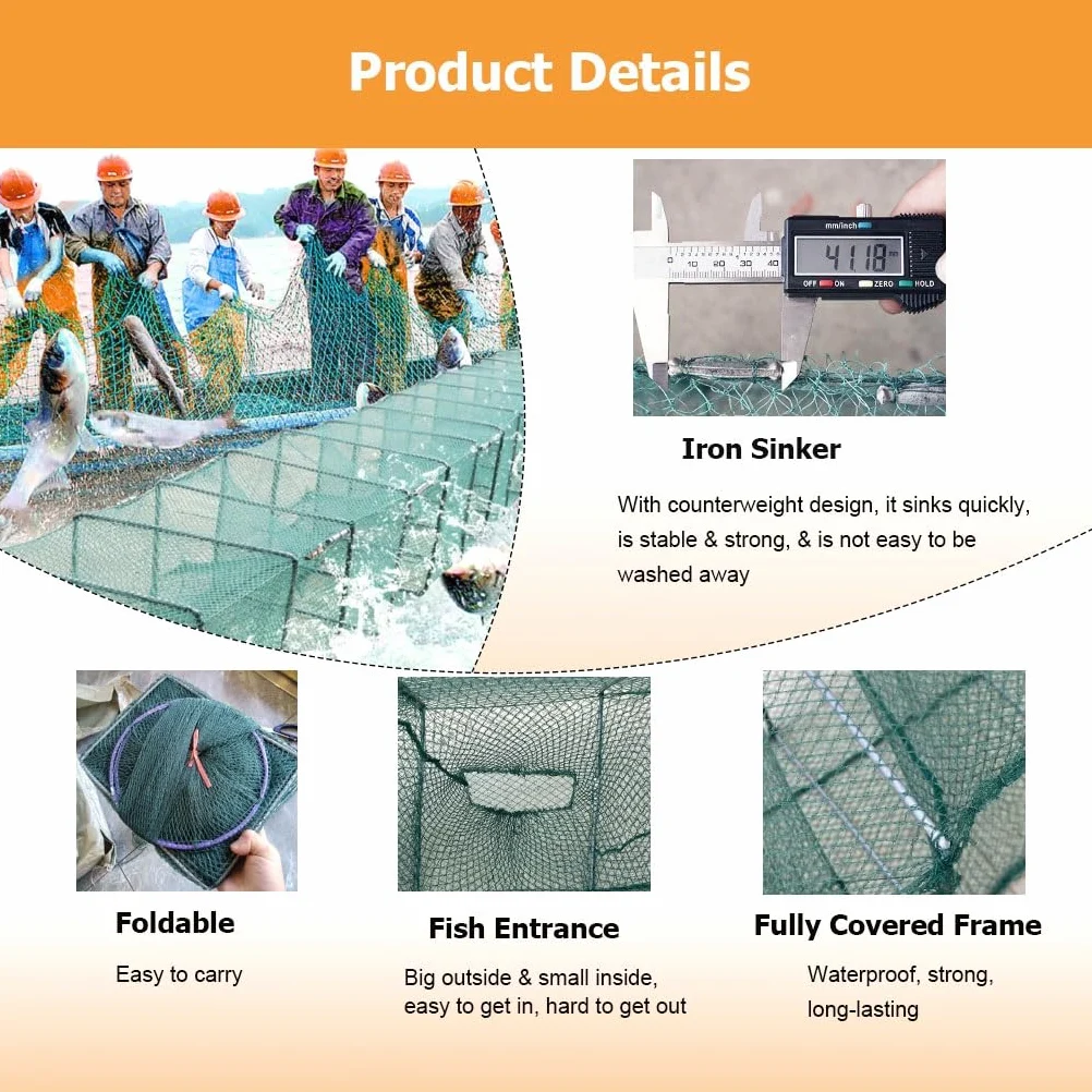 Trampa for camarones y cangrejos de 7,9 a 52,5 pies de Largo, trampas for Peces, Red de Pesca de Agua Salada, Captura automáticamente más Peces fácilmente