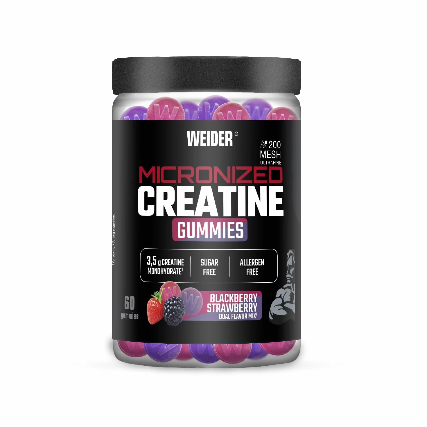 Weider Micronized Creatine Gummies 60 gominolas Sabor DUO Fresa-Mora 3,5g creatina monohidrato 200 MESH porción 20 porciones