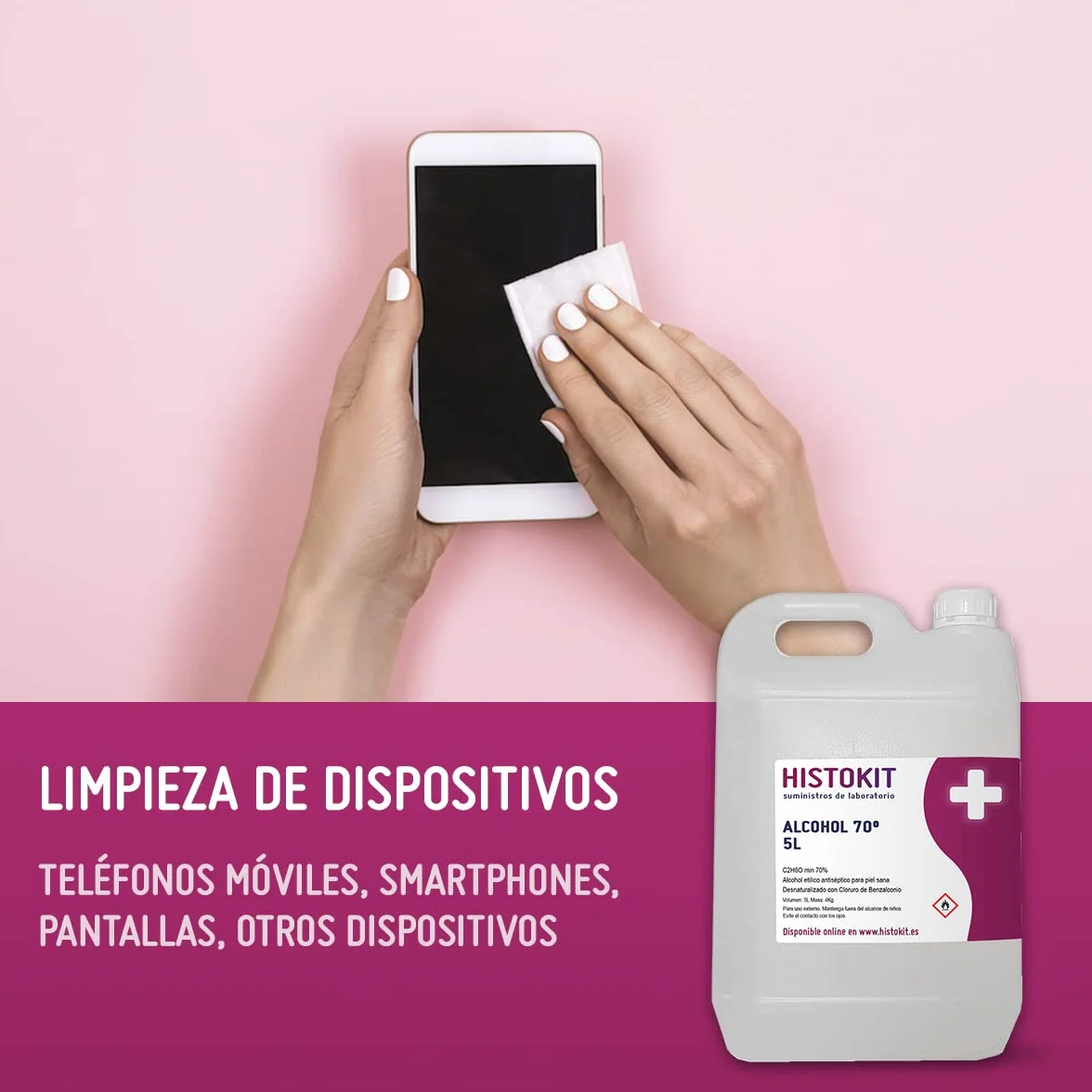 Alcohol etílico 70° antiséptico HISTOKIT 5 Litros Etanol benzalconio Desinfección piel superficies