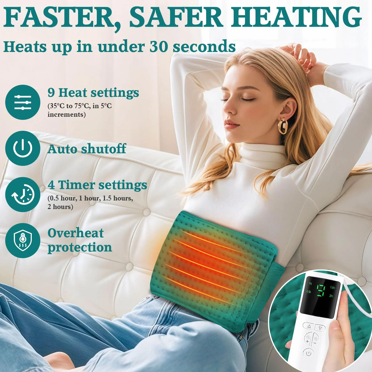 Manta Eléctrica Lumbar 125x30cm 9 Niveles de Temperatura Apagado Automático Lavable Almohadilla Térmica
