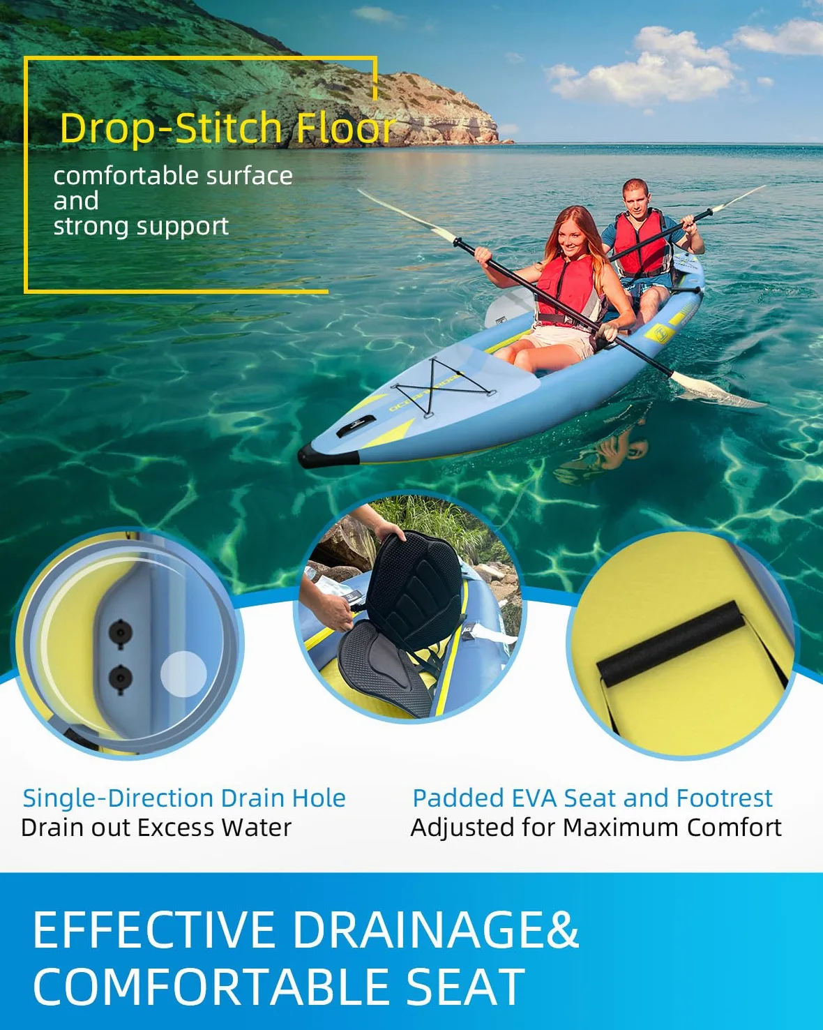 OCEANBROAD Kayak inflable sentado con remo, asiento de kayak, pedal, bomba de mano y bolsa, 1 persona/2 personas, azul/azul cielo