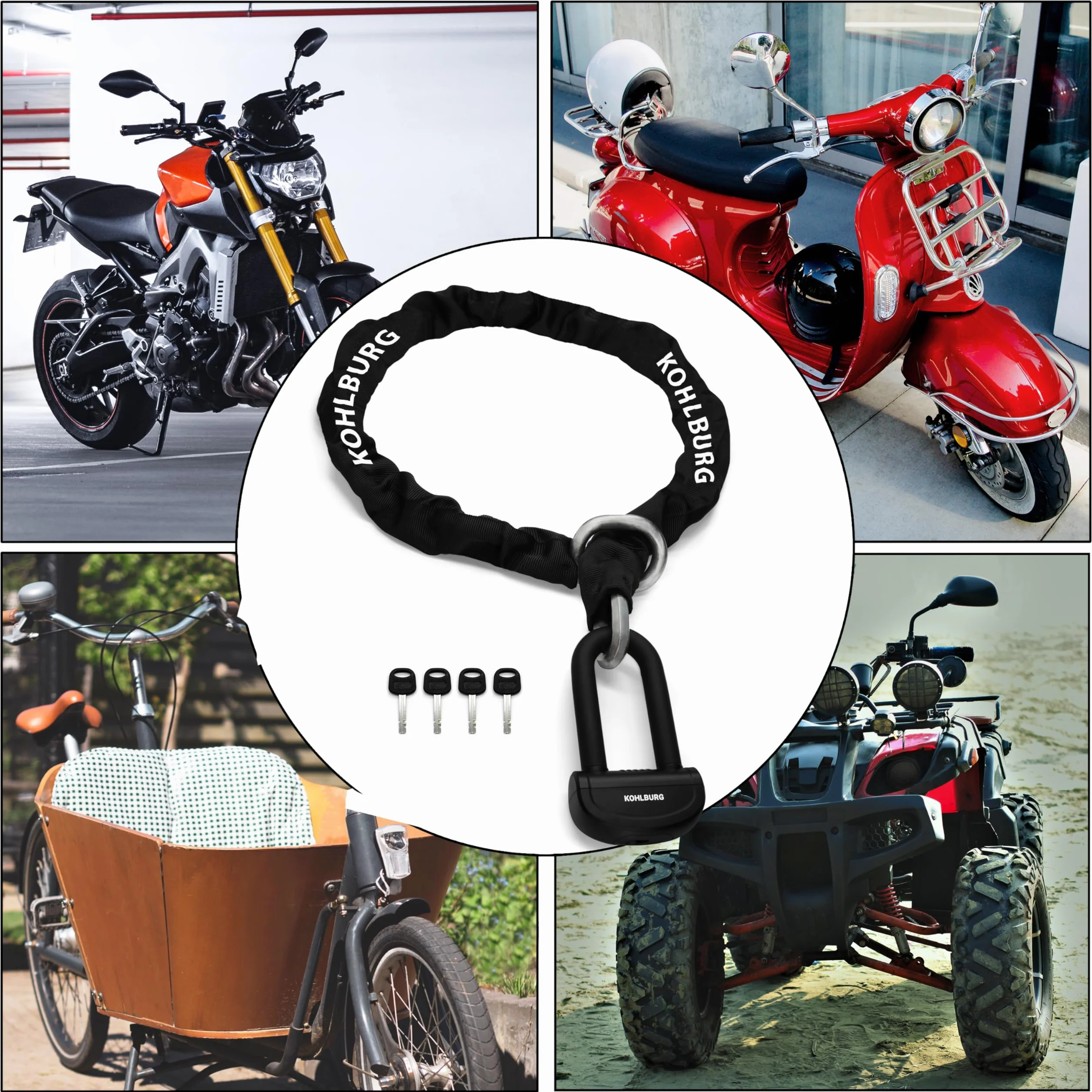 KOHLBURG antirrobo de cadena macizo para moto 8kg, 210 cm de longitud con nuestro nivel de seguridad más alto 15+ de 15, cadena de acero de 13 mm super robusta como candado para moto, scooter y e-bike