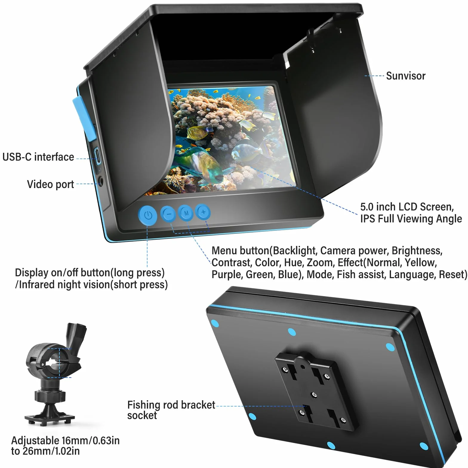 Cámara subacuática de pesca con pantalla IPS de 5 pulgadas, cámara de búsqueda de peces, visión nocturna infrarroja de 220°, visión nocturna infrarroja, resistente al agua, cámara bajo el agua para