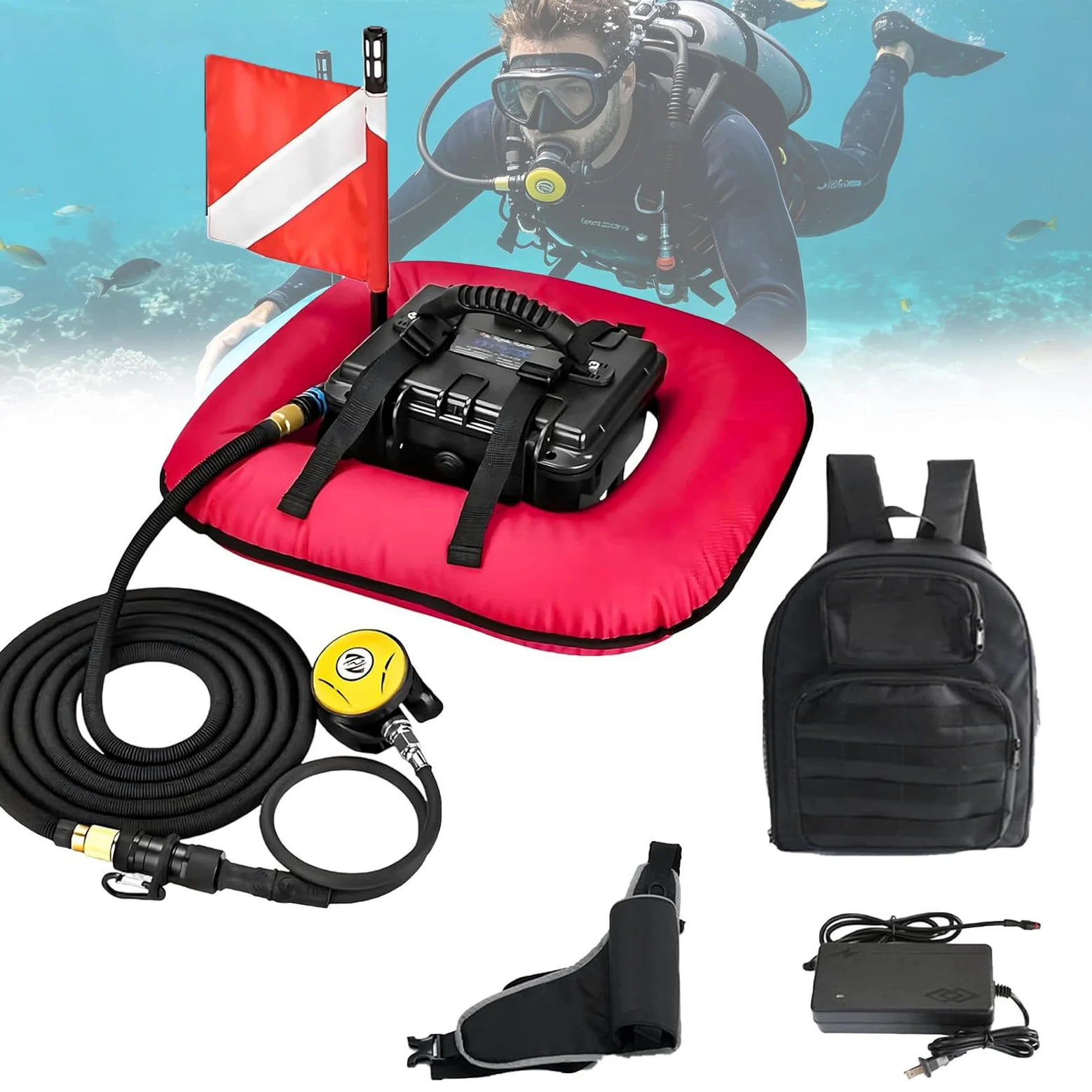 Bombona de Buceo Eléctrica con Compresor y Manguera de 9,5M. Equipo de Buceo Portátil con Filtro Activo para Limpieza de Cascos y Pesca Deportiva. Red-Singlebattery