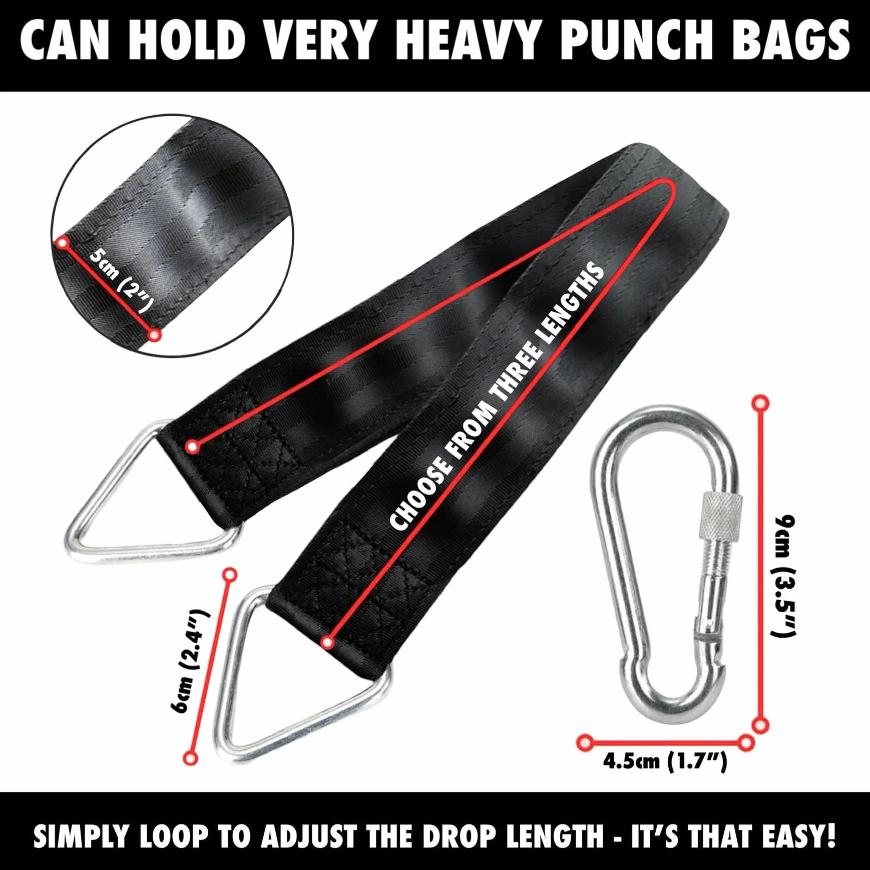 BULL DOZA FIGHT WEAR Heavy Duty Punch Bag Hanging Strap – Three Sizes | Extremely Strong Boxing Bag Hanger | Durable, Adjustable Punching Bag Holder for Home Gym & Training