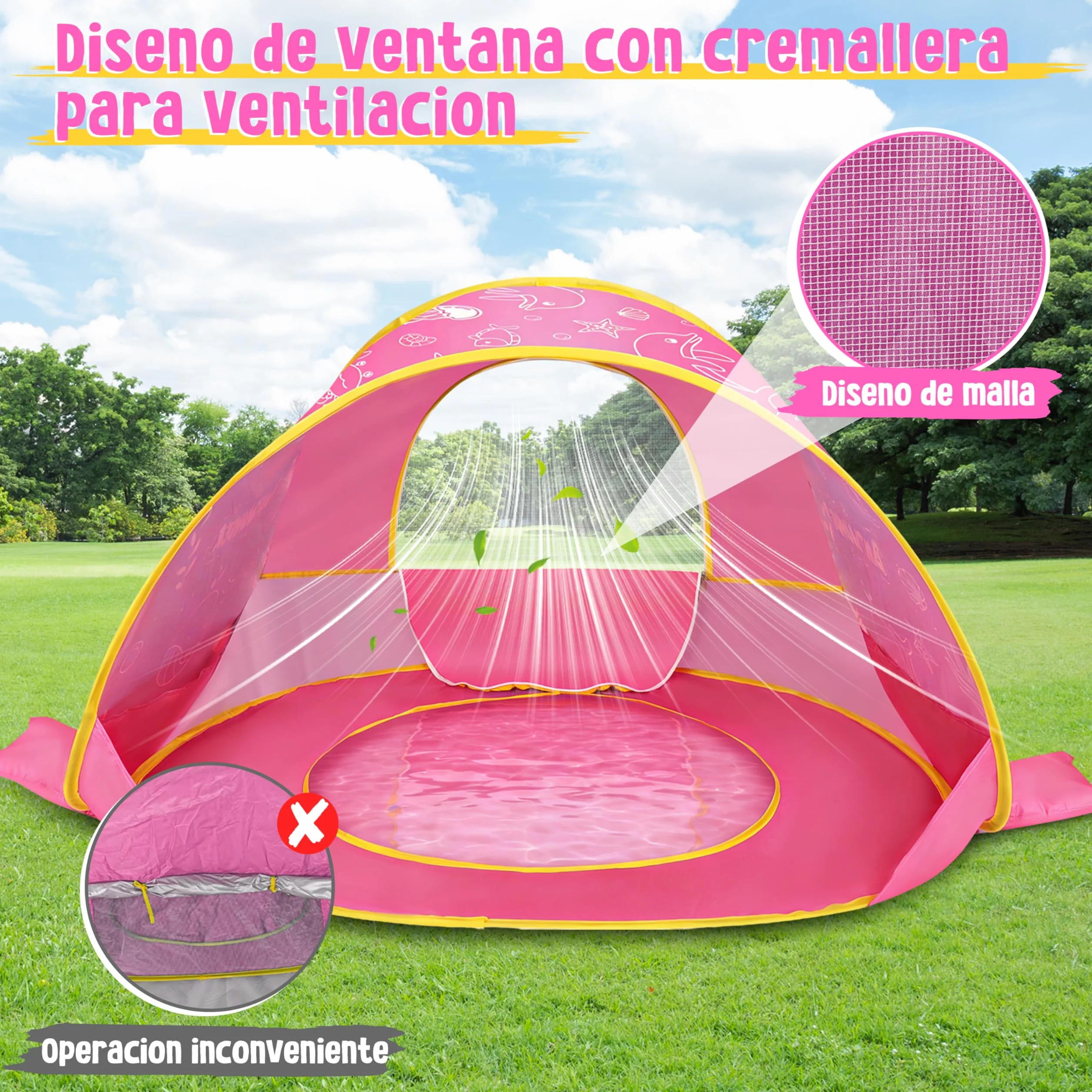 JONRRYIN Tienda Playa Bebé Pop Up, Tienda Refugio Infantil con Mini Piscina, Plegable Portátil Protección UV para Playa, Pícnic y Jardín (Rosa)