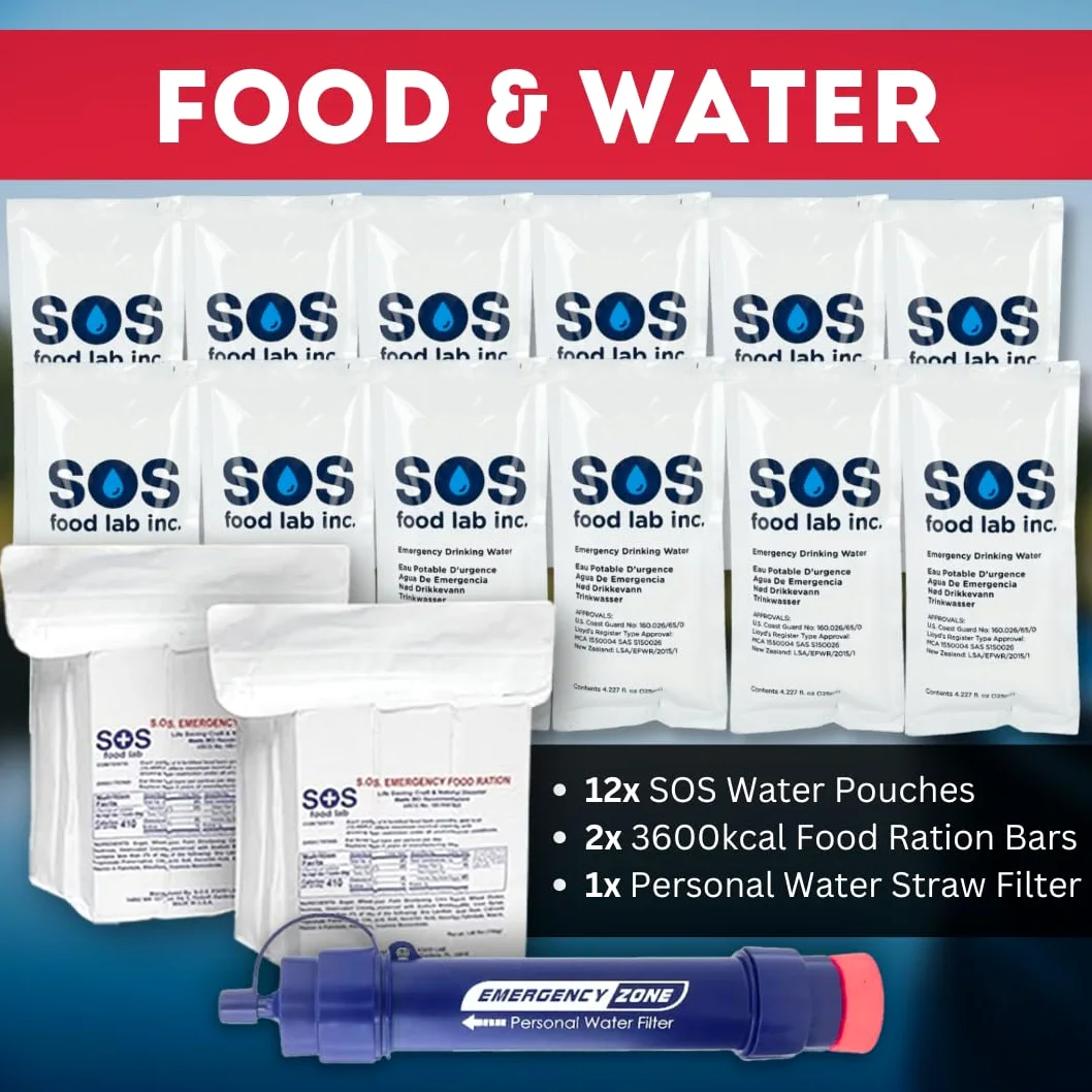 Emergency Zone The Essentials - Kit completo de supervivencia de 72 horas, prepara a tu familia para huracanes, terremotos, inundaciones, desastres de emergencia, bolsa de viaje disponible en 2 y 4