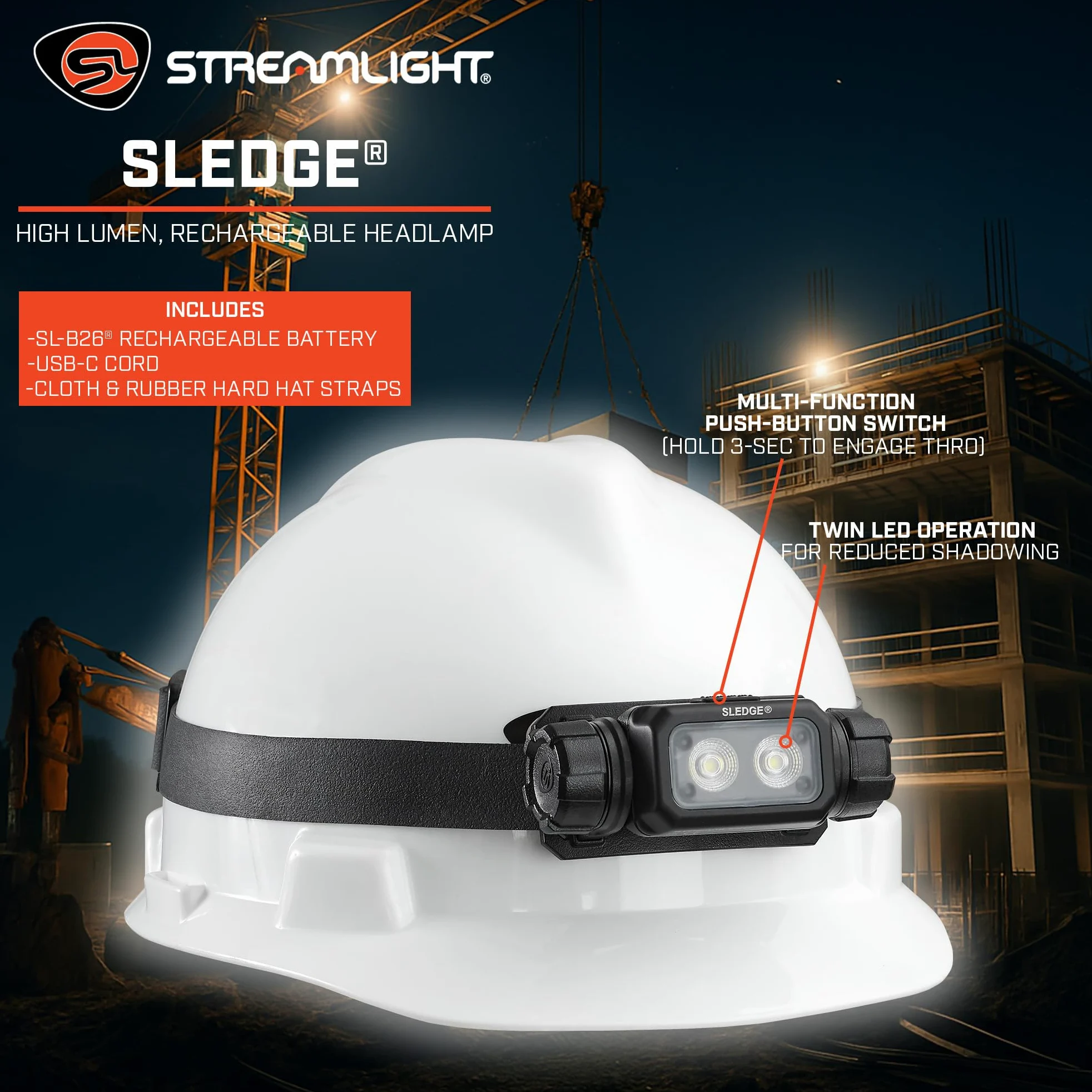 Streamlight 89019 - Linterna frontal LED recargable de perfil bajo de 1000 lúmenes, máximo 600 lúmenes, estándar, 1800 Candela, con correas elásticas y de goma, color negro