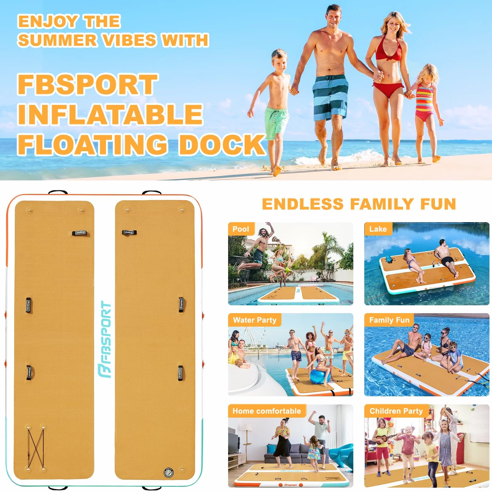 FBSPORT Muelle flotante inflable, plataforma de natación inflable de 10 pies para lago, alfombrilla flotante de agua inflable con superficie de EVA antideslizante, isla flotante para piscina, playa,